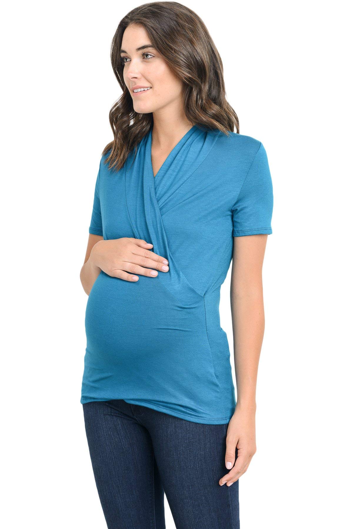 LaClef Women's Short Sleeve V-Neck Maternity Nursing Top - Soft Breastfeeding Shirt for Pregnancy & Postpartum - Perfect for Nursing, Lounging & Everyday Wear