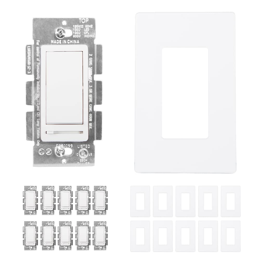 Maxxima 10 Pack LED Slide Dimmer Rocker Switch & Screwless Wall Plate Combo Kit - Dimmable Light Control for Home, RV, Marine, and DIY Electrical Projects