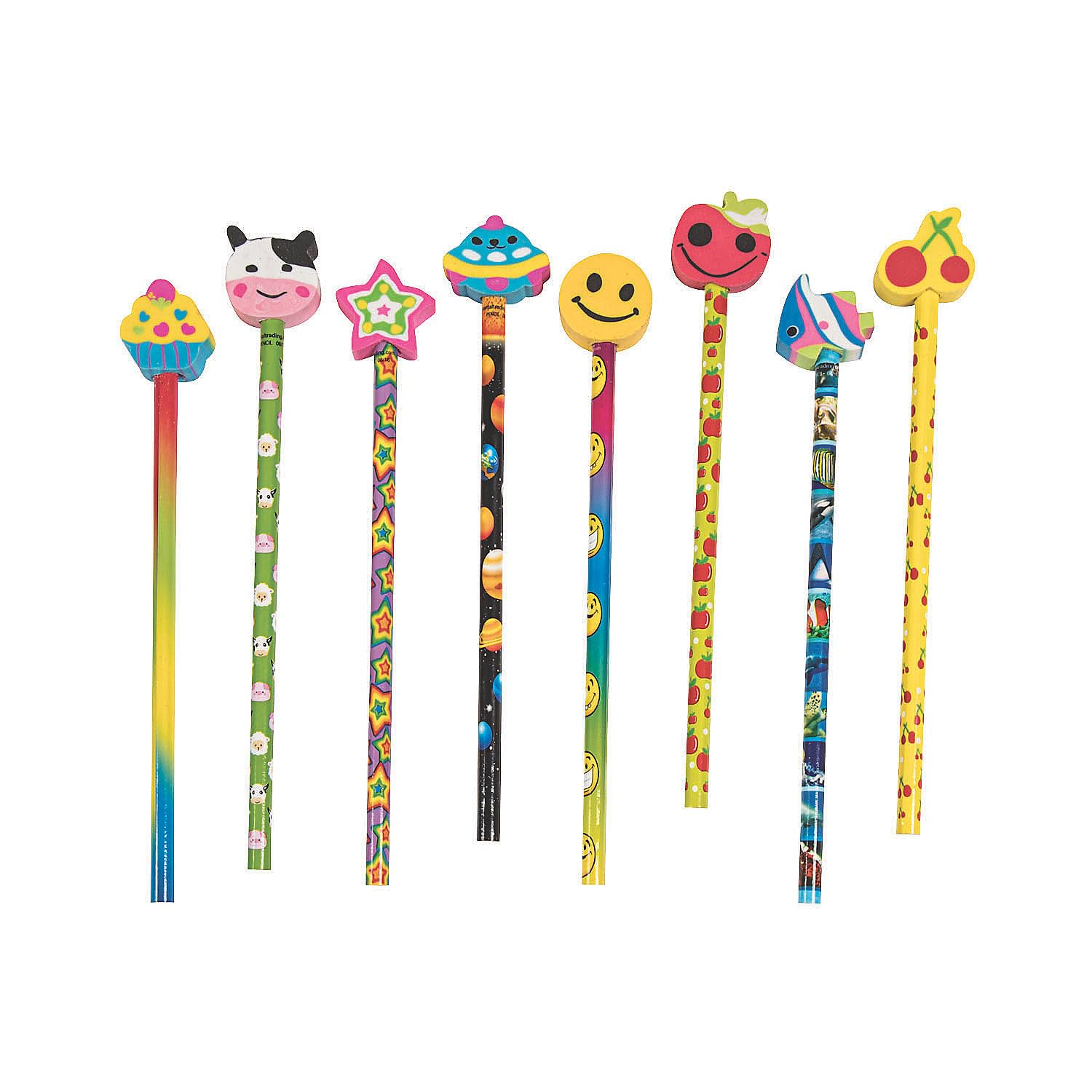 Fun Express Printed Pencils with Eraser Toppers - 72-Piece Assortment for School, Office & Art Projects - Bulk Stationery Supplies