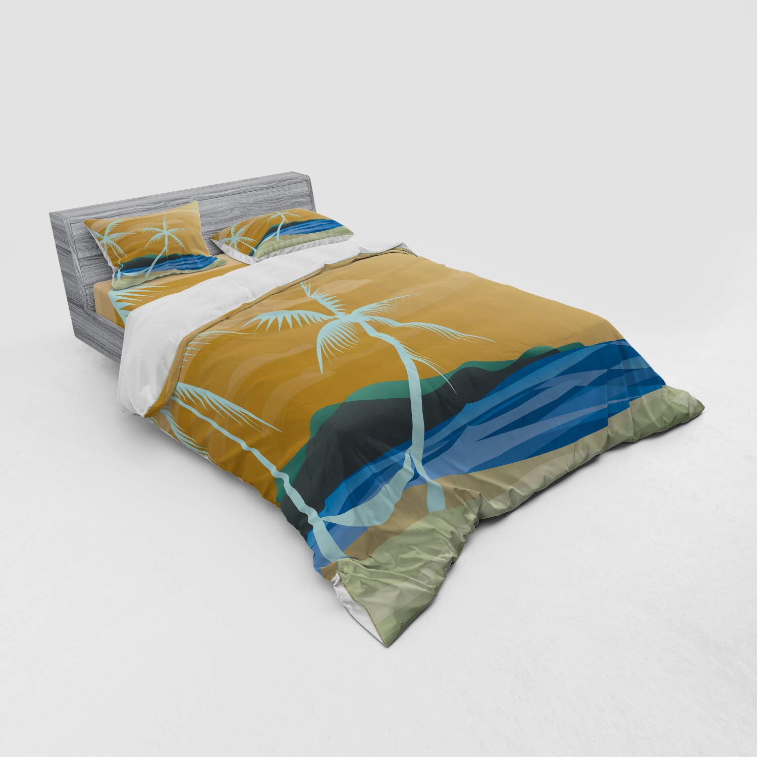 Ambesonne Tropical Beach Duvet Cover Set - Queen Size 4-Piece Bedding with Hammock Design, Navy & Cream Ocean Print - Includes Duvet Cover, 2 Pillow Shams & Fitted Sheet - Perfect for Beach House Decor, Coastal Bedroom Theme or Summer Vacation Vibes