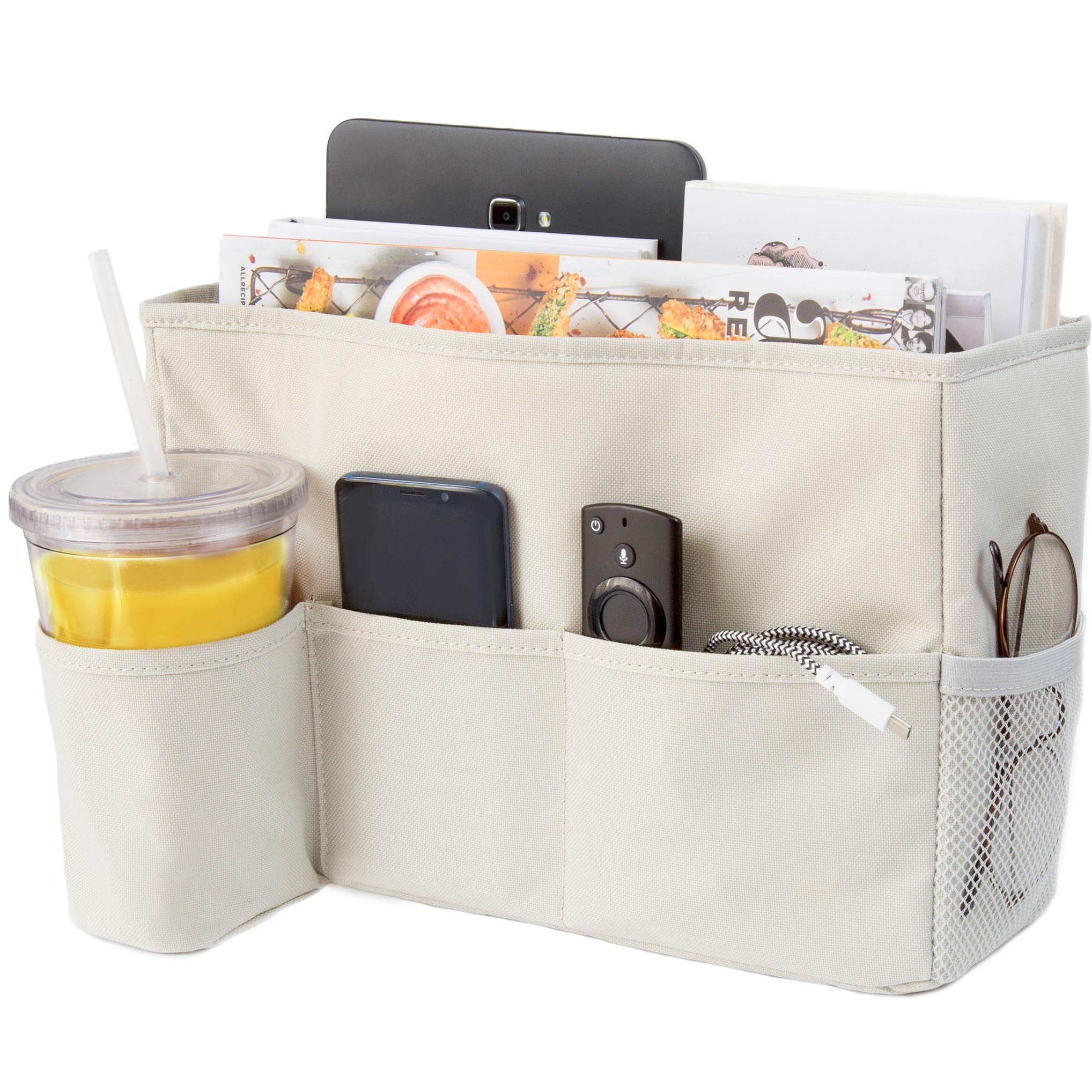 Bedside Caddy Organizer - Hanging Storage Pocket with Cup Holder for Bunk Beds, Loft Beds & Platform Frames - Perfect for Dorm Rooms, College Students & Small Space Organization (Keeps Books, Phone, Remote & Essentials Handy)