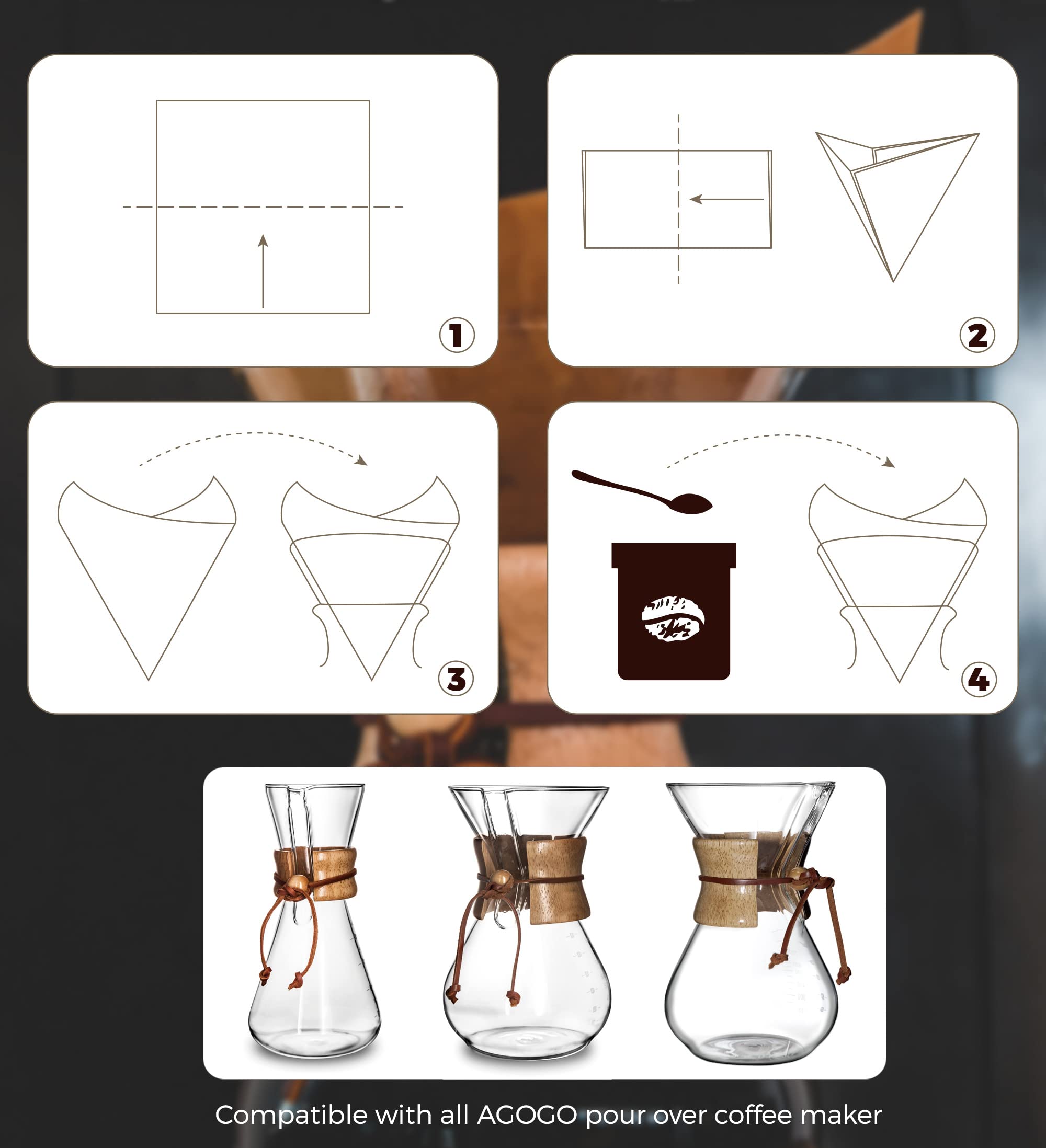 AGOGO 100-Count Natural Square Disposable Coffee Filters for Pour Over Coffee Maker - Biodegradable & Eco-Friendly - Perfect for Home, Office & Camping Brewing
