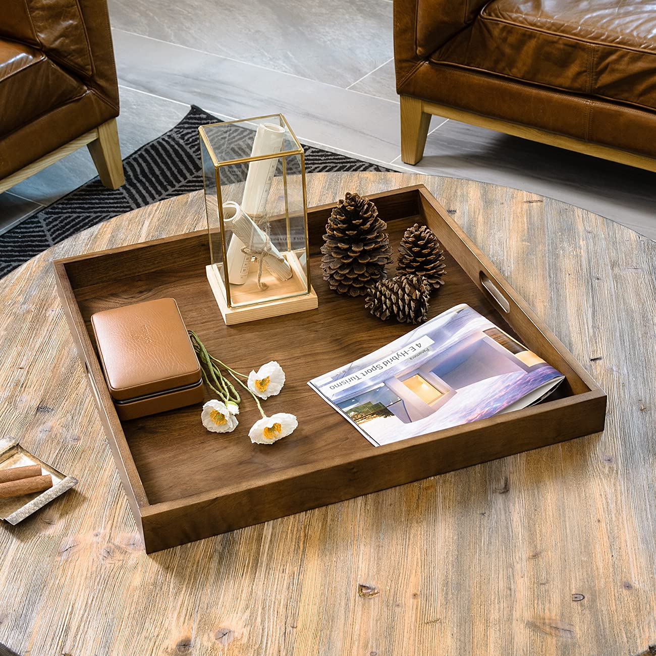 24x24 Inches Black Walnut Extra Large Ottoman Tray - Solid Wood Serving Tray with Handles for Coffee Table, Ottoman & Living Room - Perfect for Entertaining, Decor & Organizing