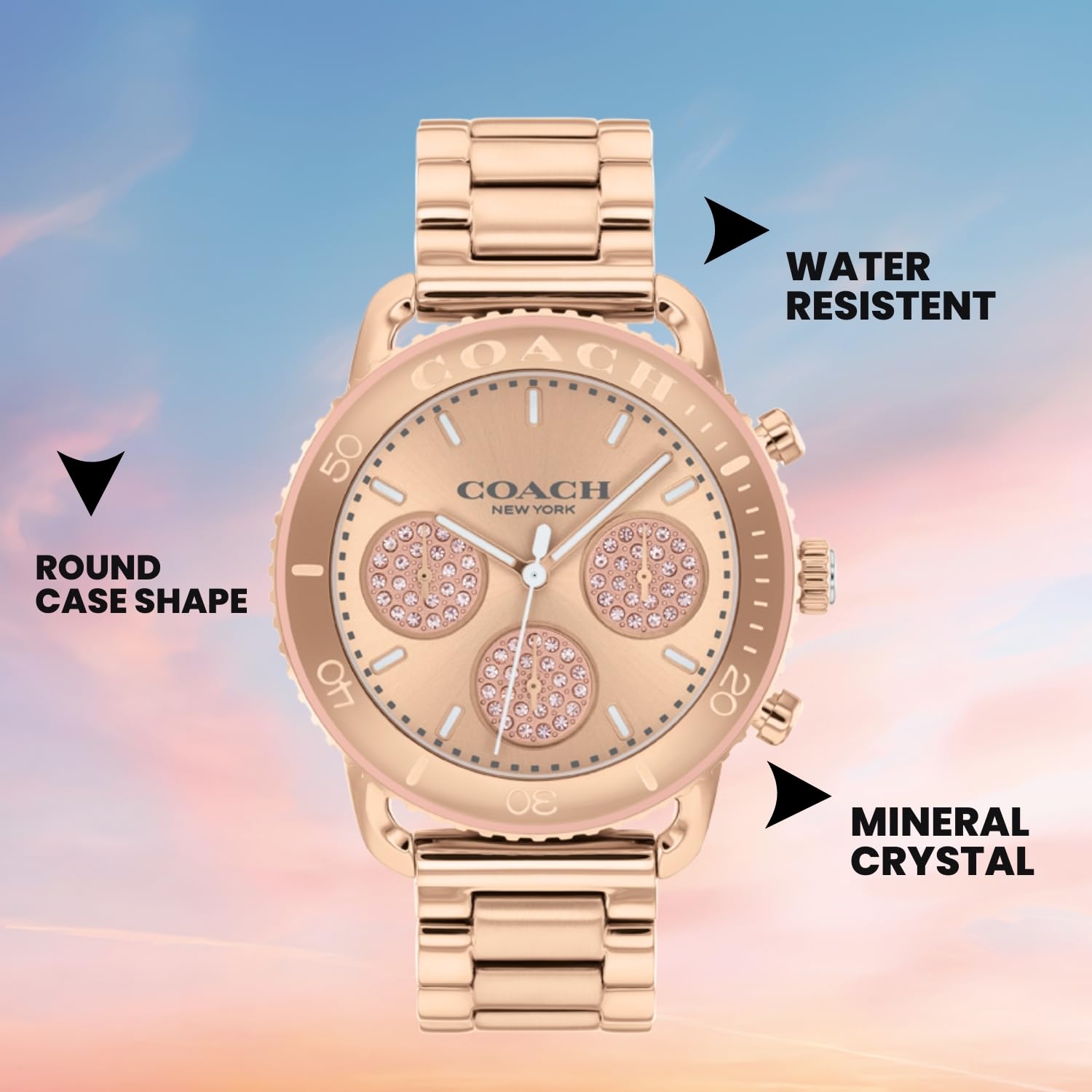 Coach Cruiser Quartz Fashion Chronograph Rose Gold Round Dial Women's Watch | Ionic Plated Rose Gold Stainless Steel | Gold-Tone Band - Model 14504255 | Perfect for Office, Date Night & Special Occasions