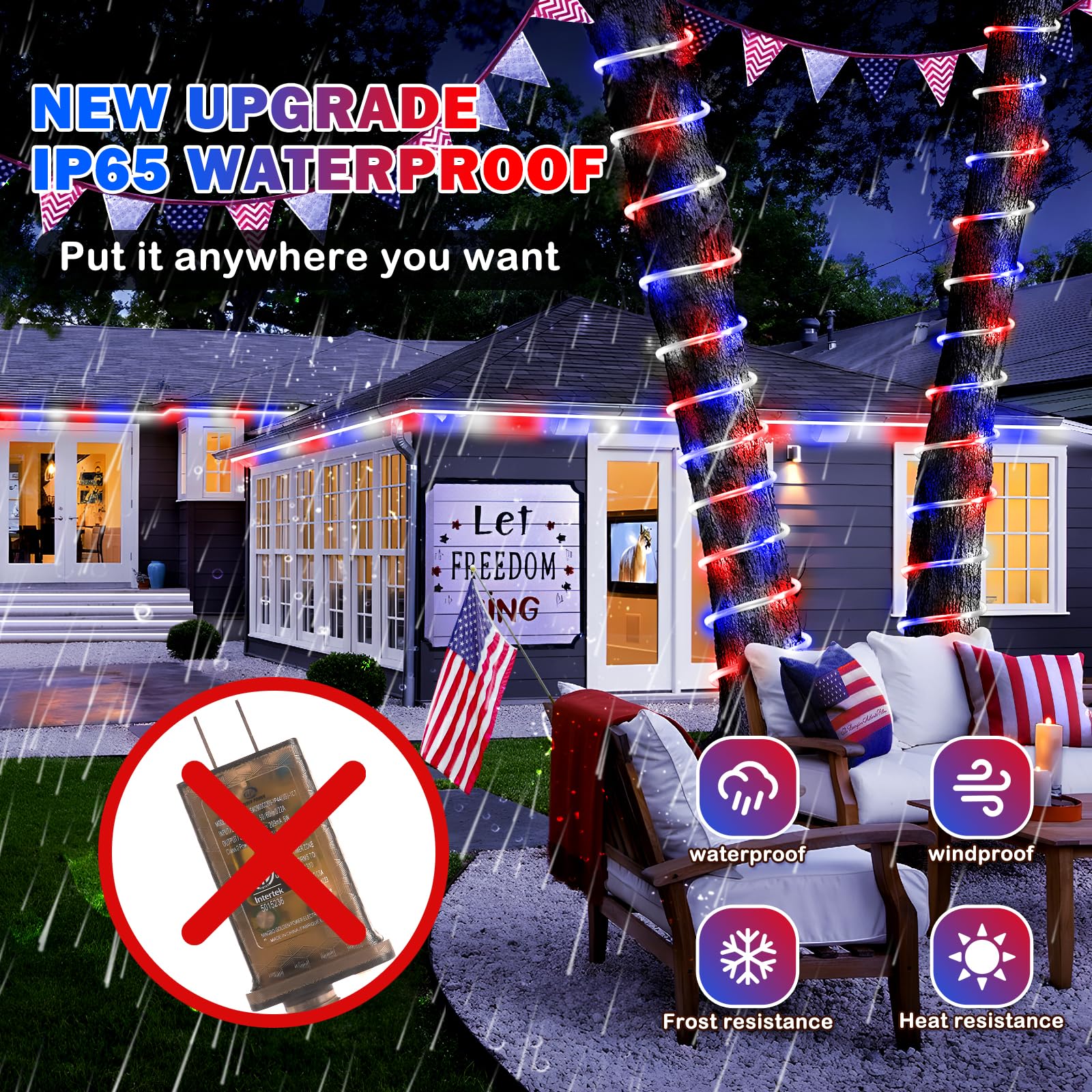 600 LED Red White and Blue Patriotic Rope Lights - 197FT Waterproof 4th of July Decorations with Remote & 8 Lighting Modes for Independence Day, Garden, Patio, Party - Indoor/Outdoor Holiday Decor for Backyard, Deck, Fence, and House