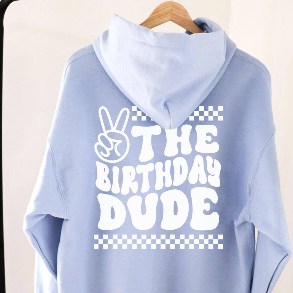 Birthday Dude Front & Back Graphic Kids Hoodie - Cute Boys & Girls Pullover Sweatshirt for Birthday Parties & Casual Wear