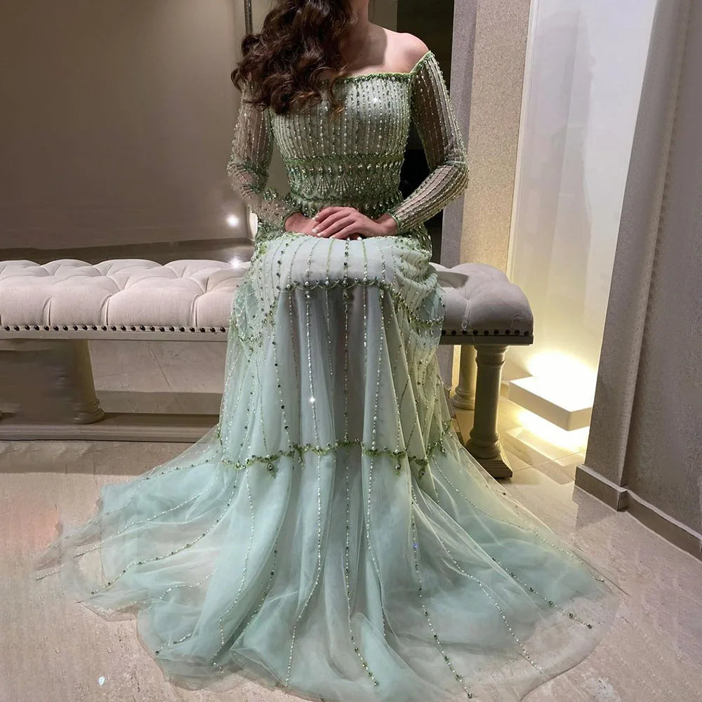 Serene Hill Dubai Arabic Sage Green Mermaid Luxury Evening Gown Beaded Party Dress for Women's Wedding 2025 LA72350 | Elegant Formal Gown for Prom, Red Carpet, Gala & Special Occasions