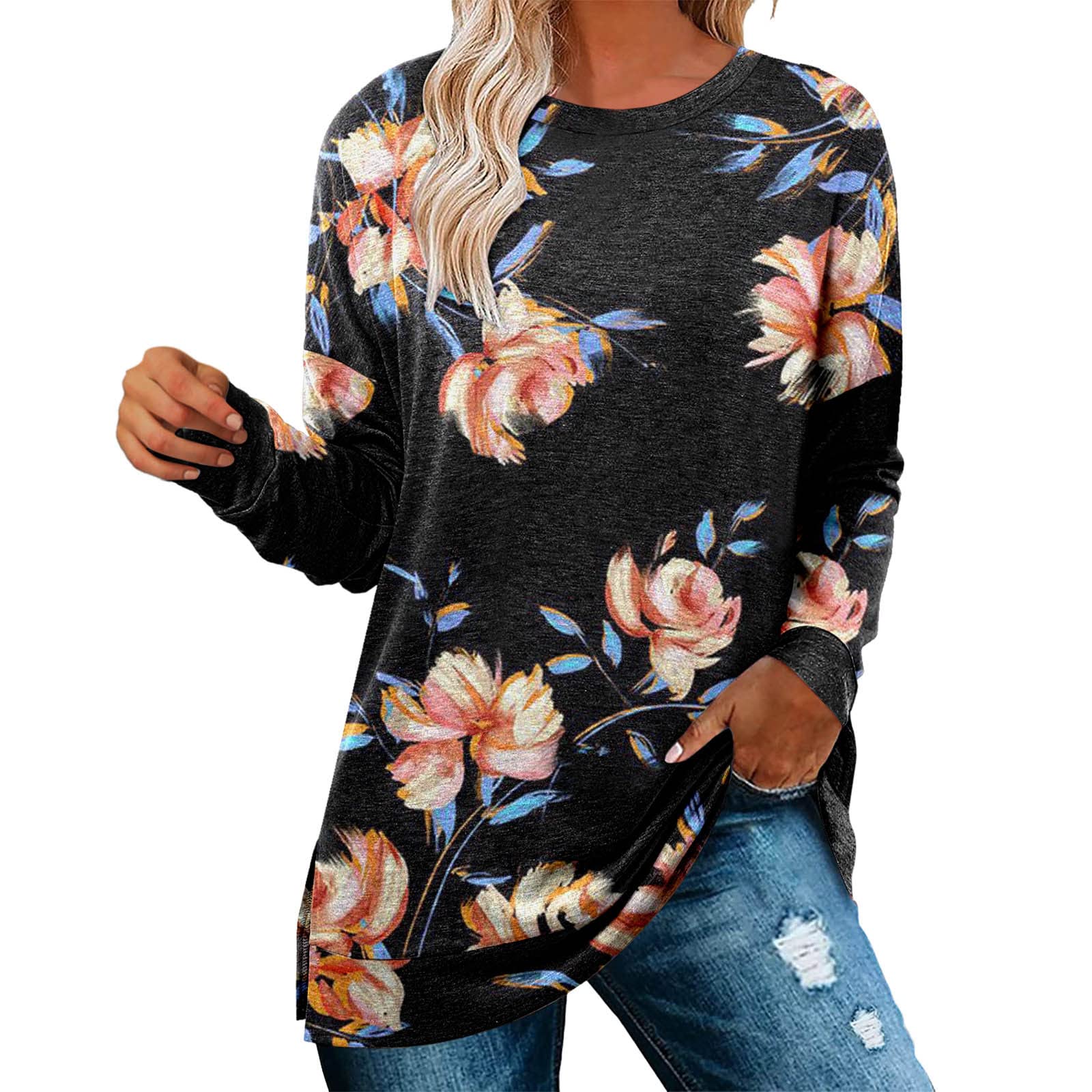 Women's Loose Long Sleeve Crew Neck Color Block Cotton Tunic Tops - Comfortable Work Blouses & Casual Tees for Office, Travel & Everyday Wear