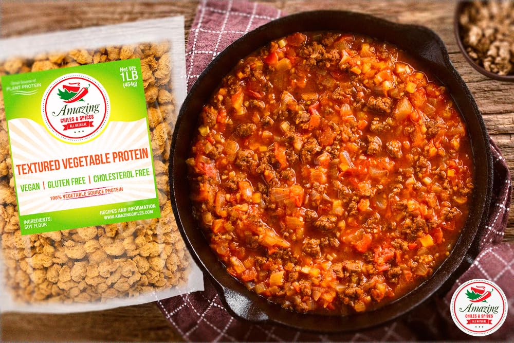 Amazing Chiles Textured Vegetable Protein (TVP) - 1 lb Unflavored Vegan Protein Chunks | Non-GMO, Gluten Free, Cholesterol Free Plant Based Meat Substitute | Perfect for Vegan Tacos, Chili & Meatless Recipes