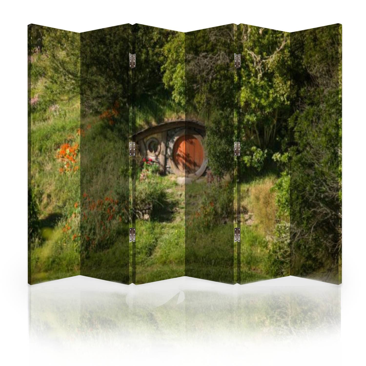 Hobbit Hole Folding Room Divider Screen - 6 Panel Canvas Privacy Partition for Bedroom, Office & Living Space | Inspired by Hobbiton Set in Matamata New Zealand | Red Door Design for Home Decor