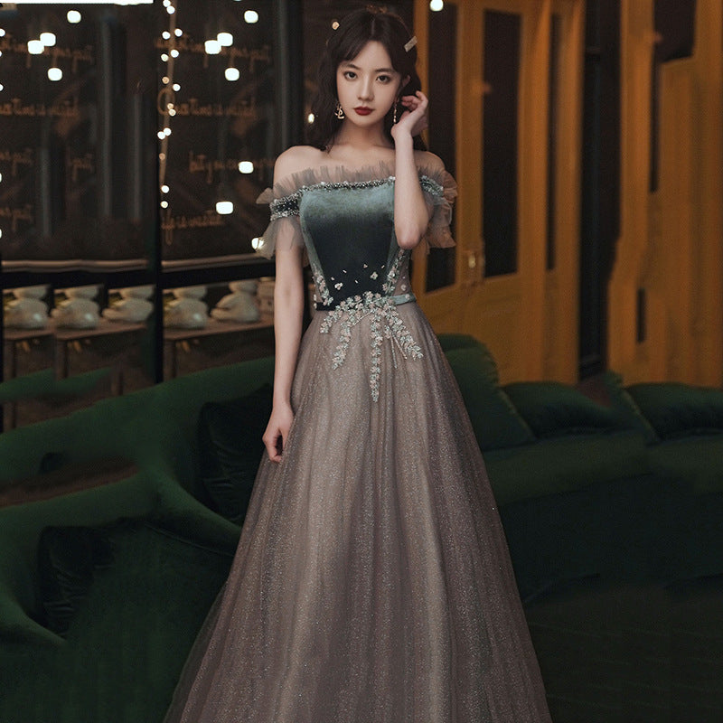 Elegant Off Shoulder Dark Green Velvet Prom Dress with Shiny Tulle Skirt - A-Line Evening Gown for Homecoming, Wedding Guest & Formal Events (Style 708)