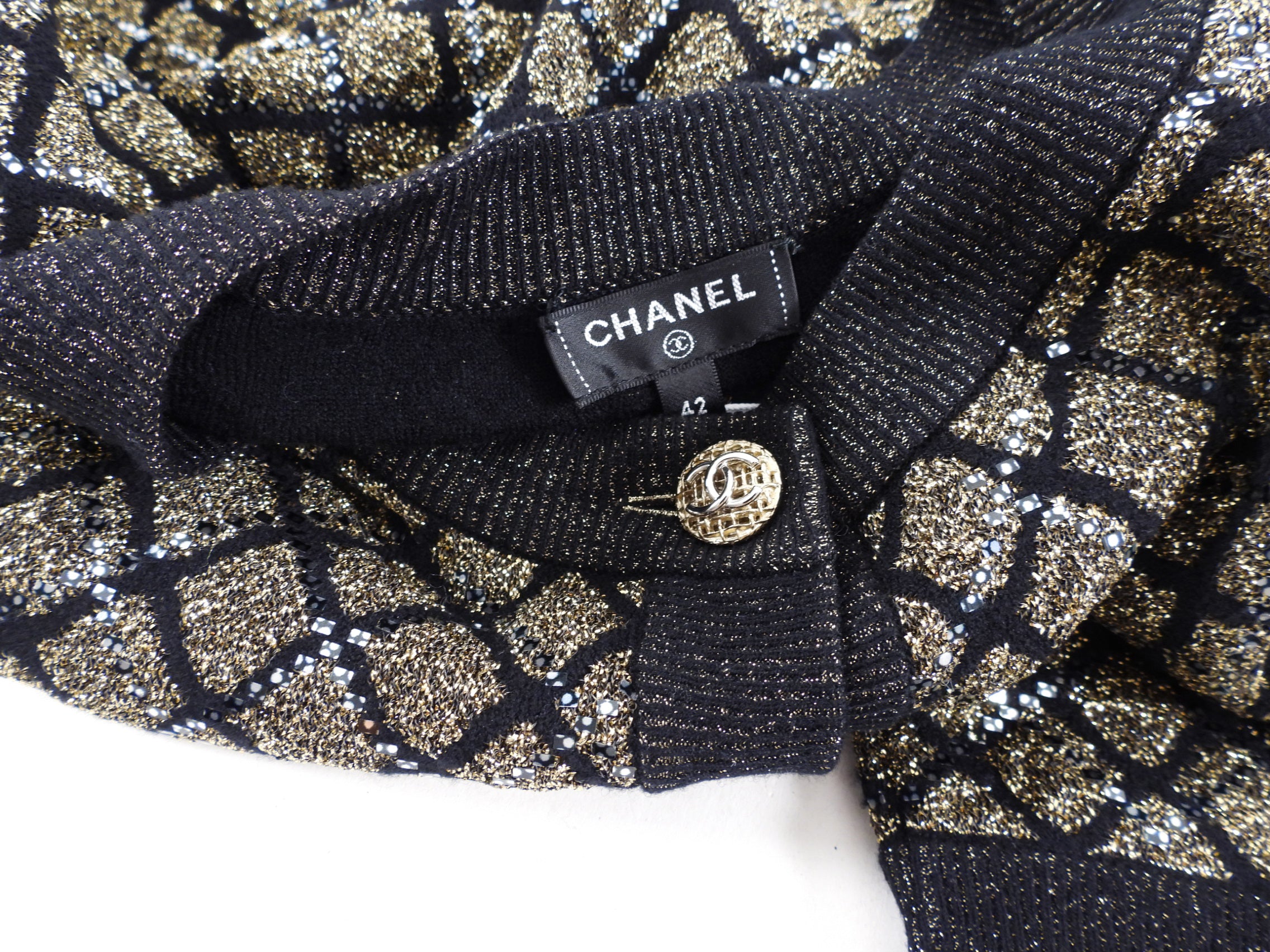 Chanel 20A Black & Gold Shimmer Knit Cardigan Sweater for Women - Soft Luxury Cashmere Blend - Perfect for Evening Parties & Date Nights (Size S/M)