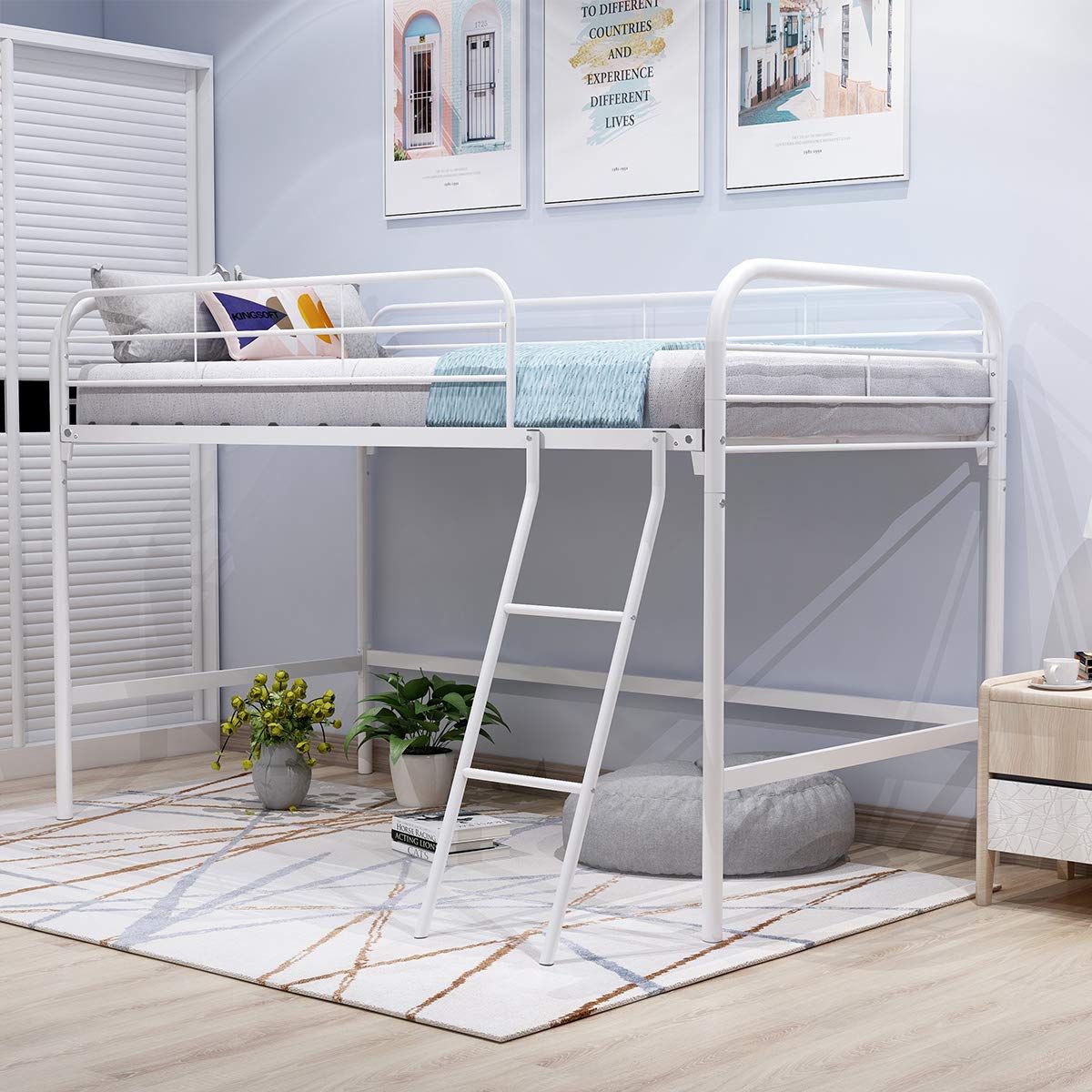 JURMERRY White Metal Loft Twin Bed with Sturdy Steel Frame - High Sleeper with Full-Length Guardrails & Built-in Ladder - Space-Saving Multipurpose Loft Bed for Kids, Teens & Small Spaces - Perfect for Dorms, Apartments & Bedrooms