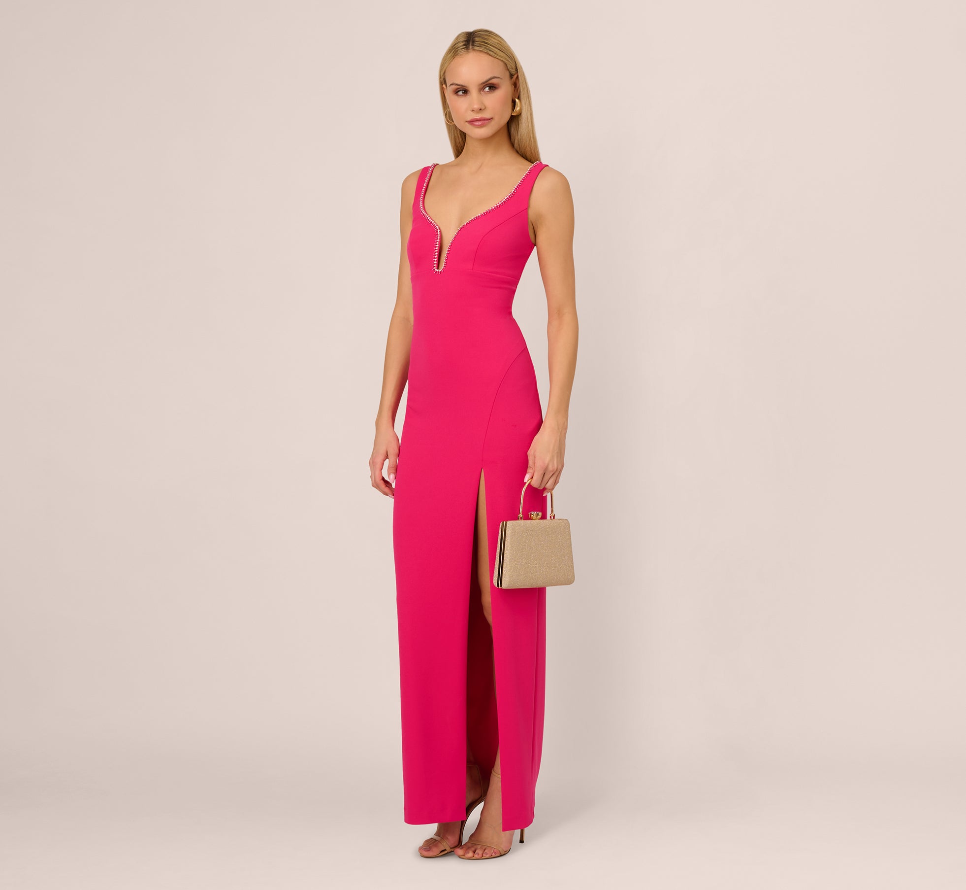 Elegant Sleeveless Beaded Plunge Neck Gown in Geranium - Perfect for Evening Galas, Red Carpet Events & Formal Occasions