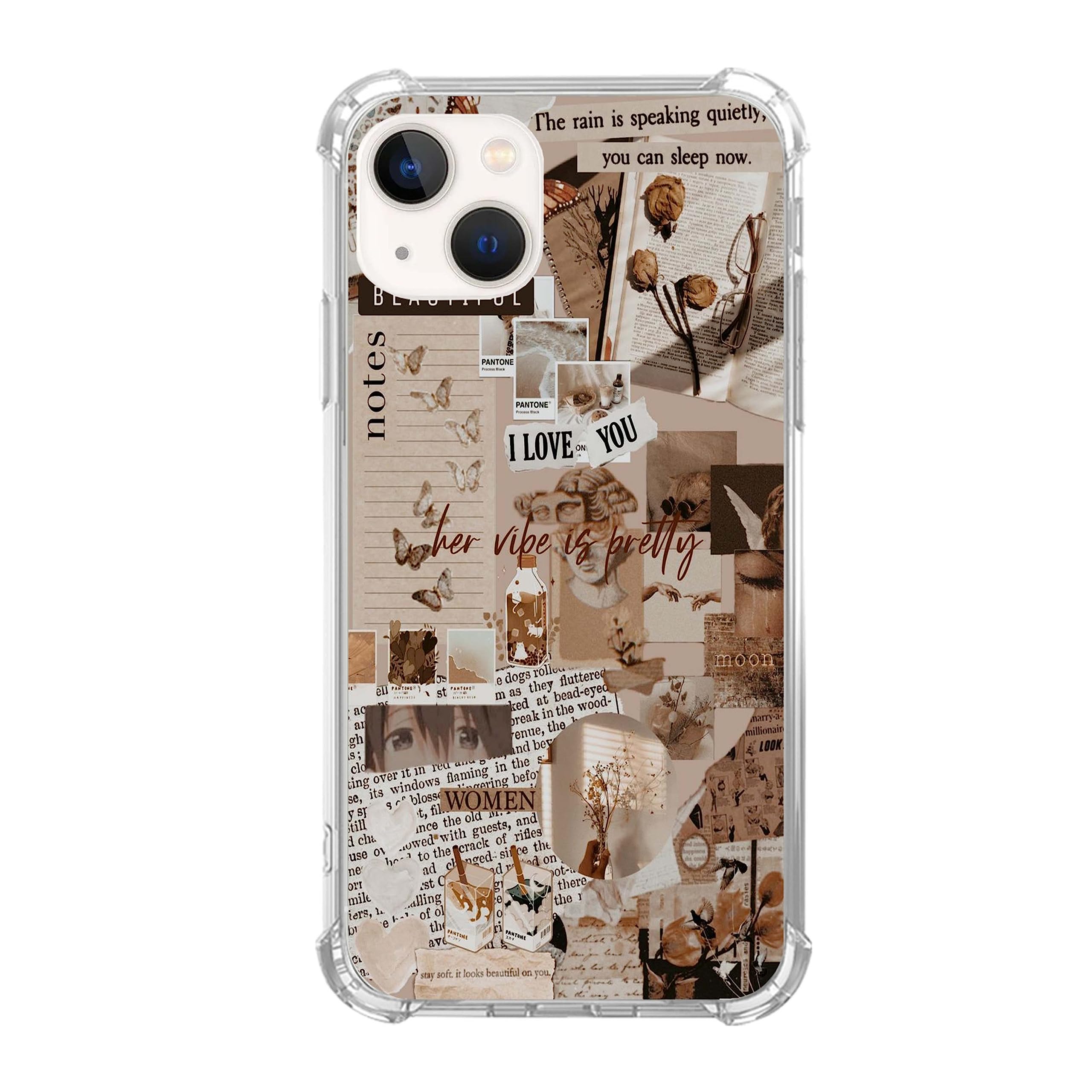 Vintage Beige Rose Butterfly Collage iPhone 14 Case - Aesthetic Postcard Design TPU Bumper Phone Cover for Women Girls - Perfect for Daily Use, Travel & Gift Giving