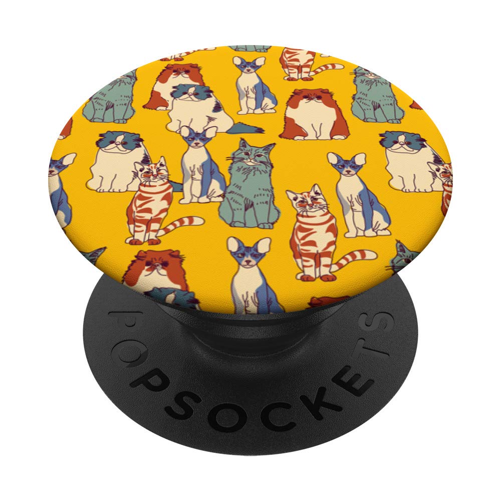 Yellow Cat Pattern Art Illustration PopSocket PopGrip - Swappable Phone & Tablet Grip for Cat Lovers, Perfect for Everyday Use, Travel, and Office