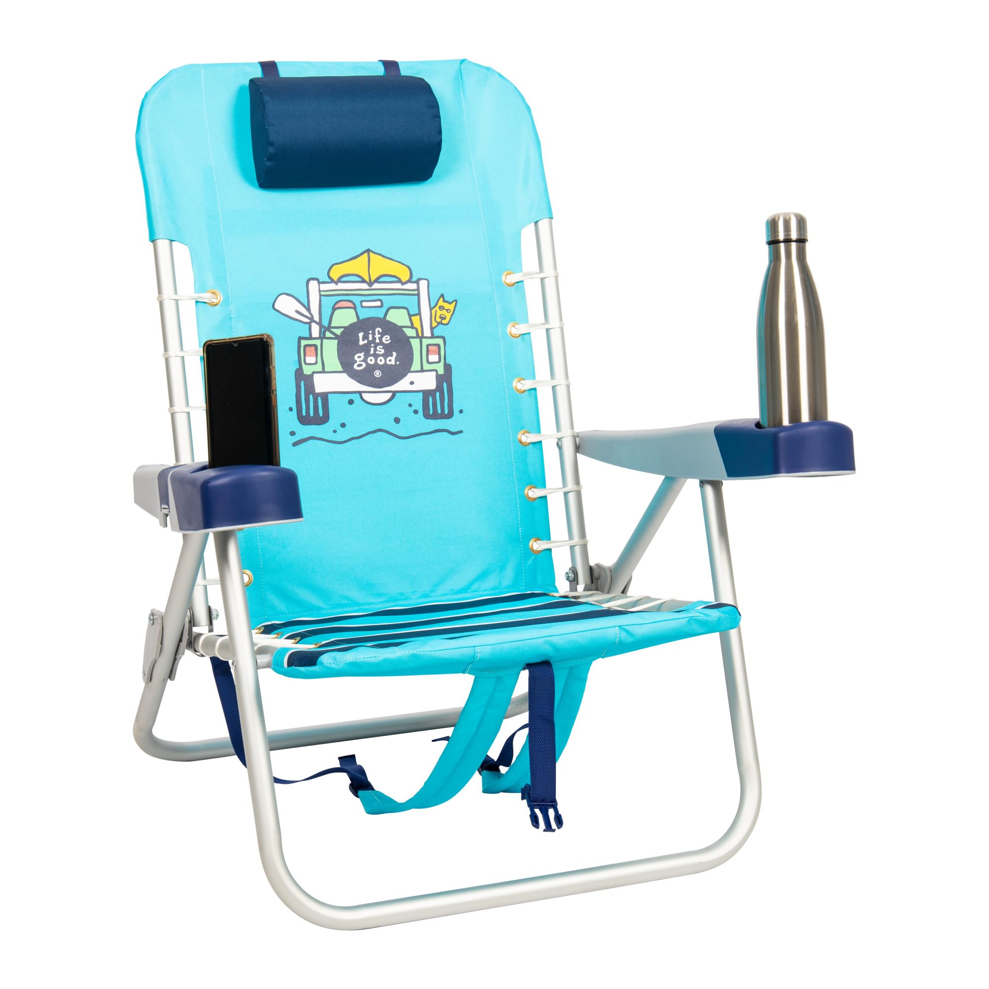 Life is Good 4-Position Adjustable Lace-up Backpack Beach Chair with Pillow, Cup Holder & Phone Pocket - Portable Folding Camping Chair for Beach, Park, Travel & Outdoor Activities - Island Blue
