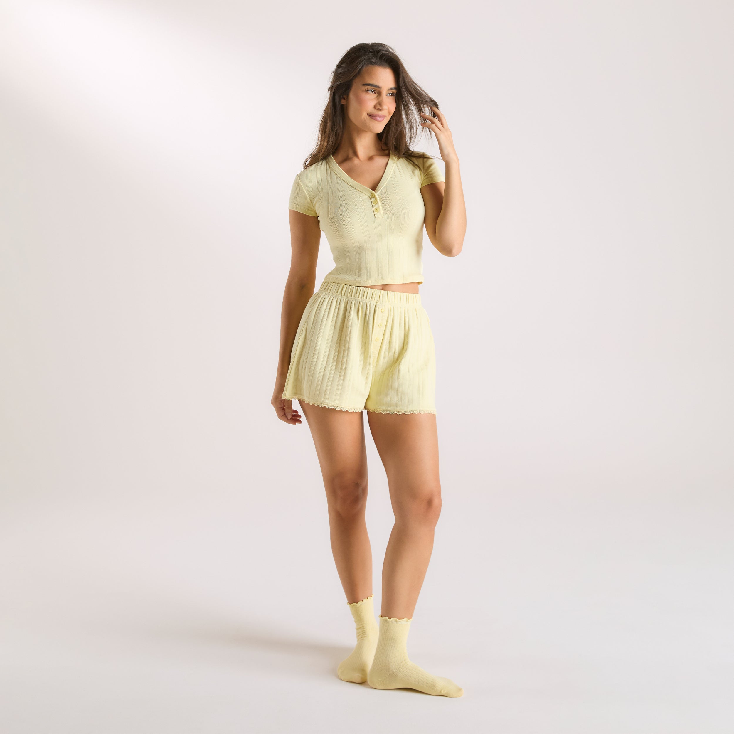 Buttercup Yellow Pointelle Pajama Shorts for Women - Soft & Breathable Sleepwear for Summer Nights & Lounging