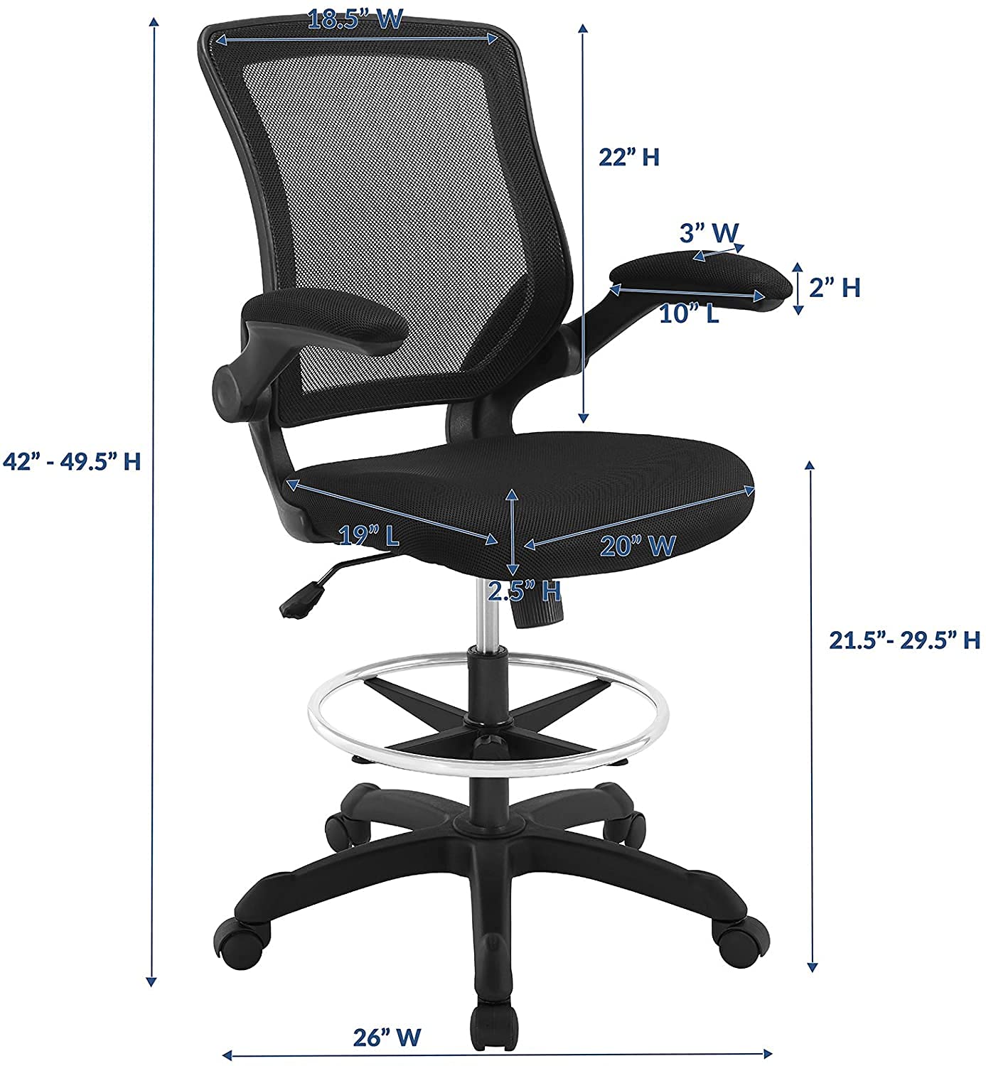Veer Black Drafting Chair with Flip-Up Arms - Adjustable Office Chair for Reception Desk, Drafting Table & Home Office - Ergonomic High Stool for Comfortable Working & Studying