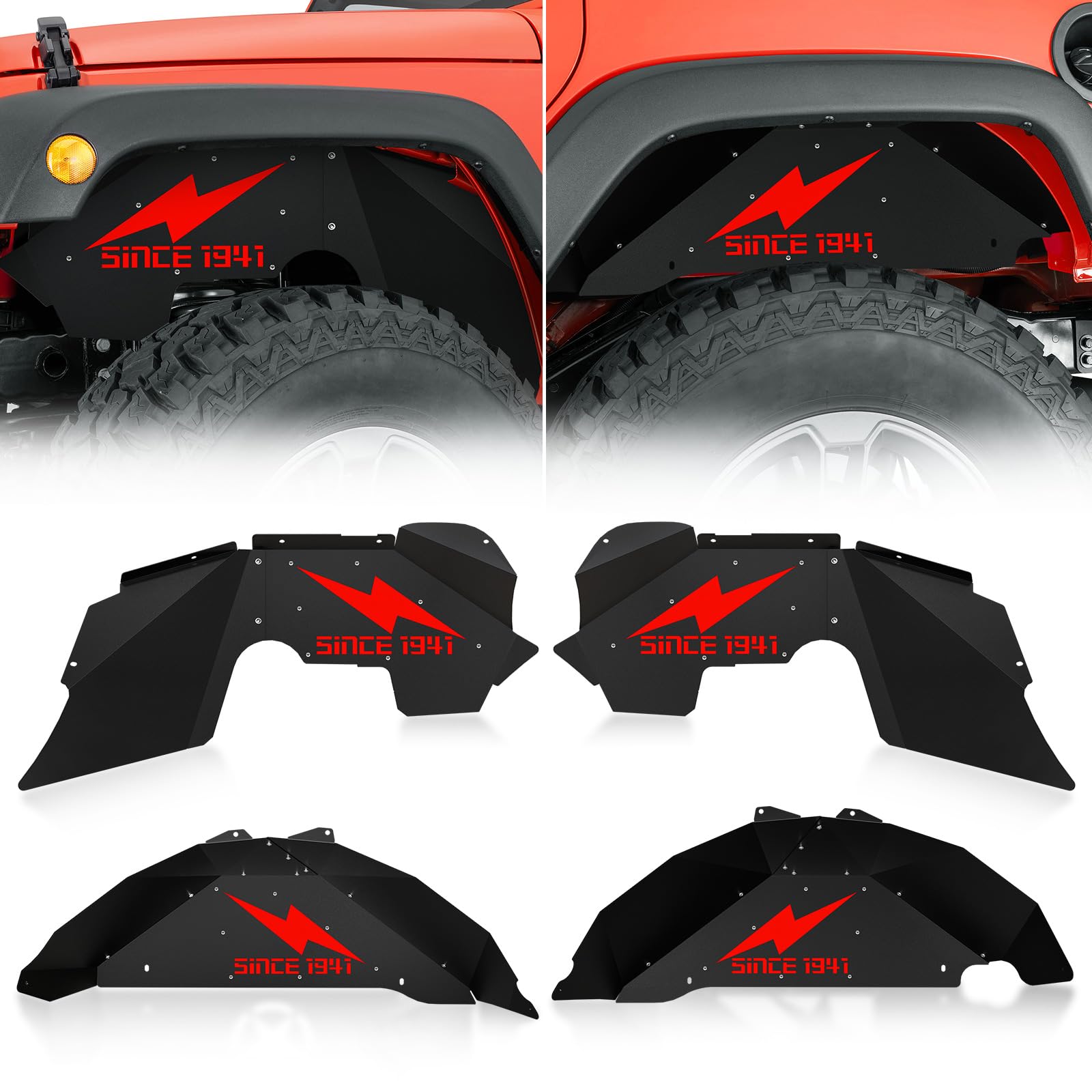 Jeep Wrangler JK & JKU Inner Fender Liners 2007-2018 - Front & Rear Steel Mud Guards Wheel Well Covers for 2/4 Door Models (Sport, Sahara, Rubicon) - Perfect for Off-Roading & Mud Protection