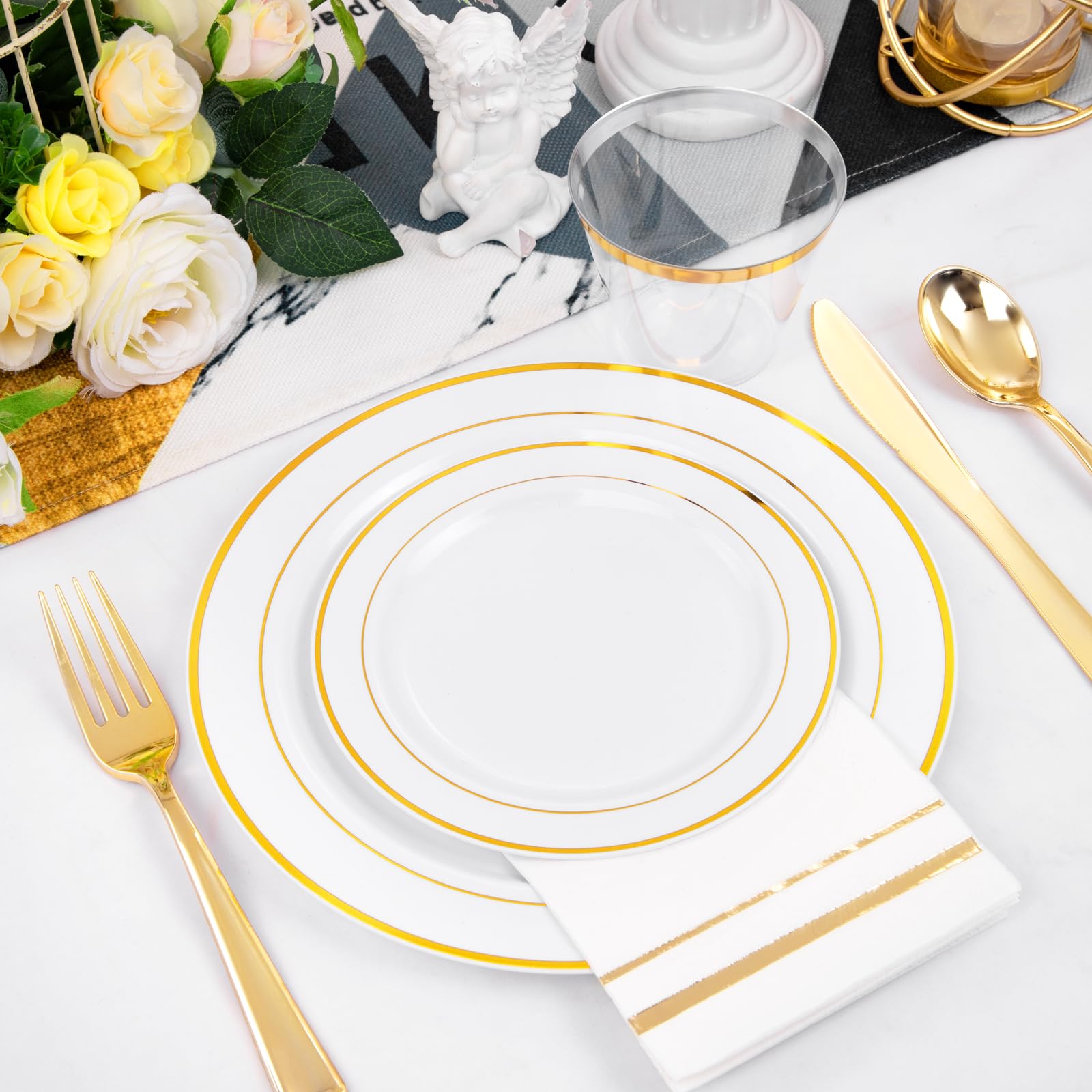 350-Piece Gold Plastic Dinnerware Set - 50 Gold Dinner Plates, 50 Salad Plates, 150 Silverware, 50 Napkins & 50 Cups - Disposable Party Tableware for Weddings, Birthdays & Special Events - Elegant & Convenient for Large Gatherings