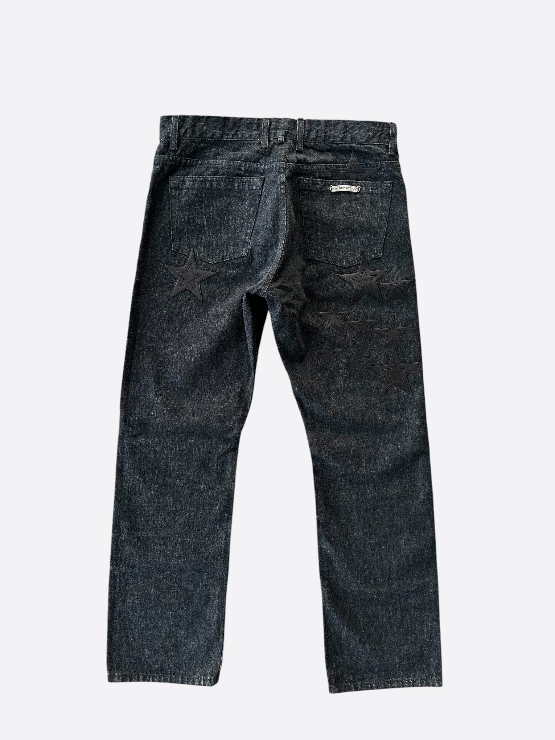 Chrome Hearts Grey & Black Star Patch Fleur Knee Jeans - Vintage Distressed Denim for Men & Women | Perfect for Streetwear & Casual Outfits