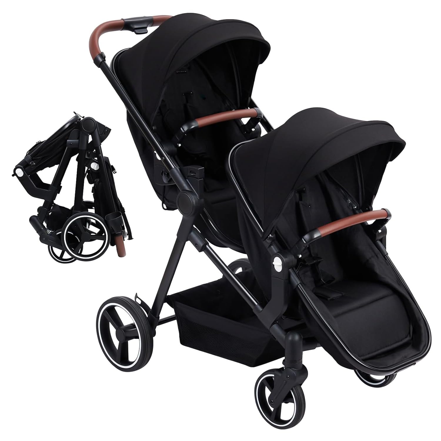 Foldable Double Bassinet Stroller - Adjustable Reversible Pushchair with Large Storage Basket & Canopy for Newborn & Toddler | Perfect for Travel, Shopping & Outdoor Walks