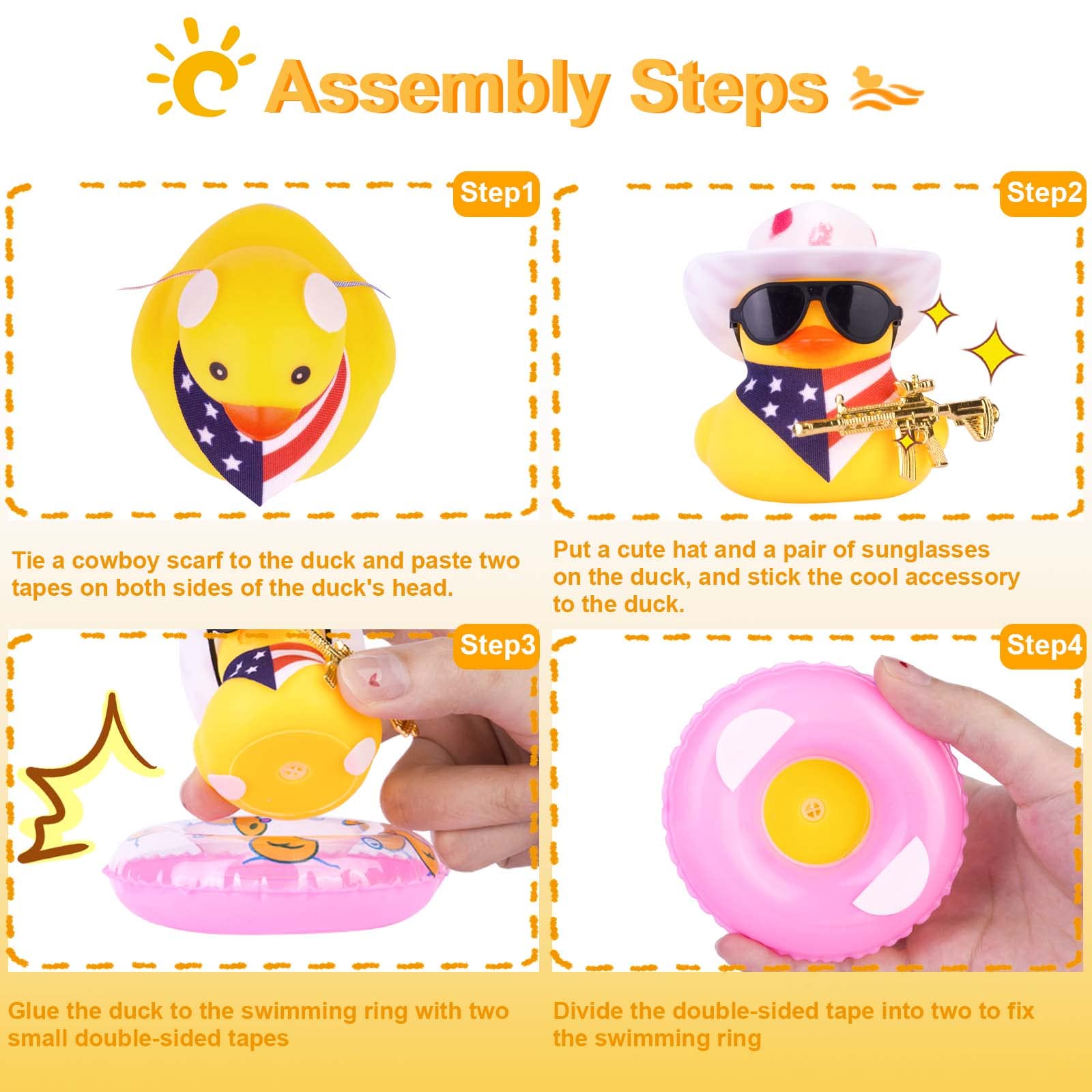 Funny Cowboy Duck Car Dashboard Decorations - Mini Rubber Duck with Swim Ring, Sun Hat, Sunglasses & Scarf - Cute Car Accessories for Dashboard, Office Desk or Party Decor