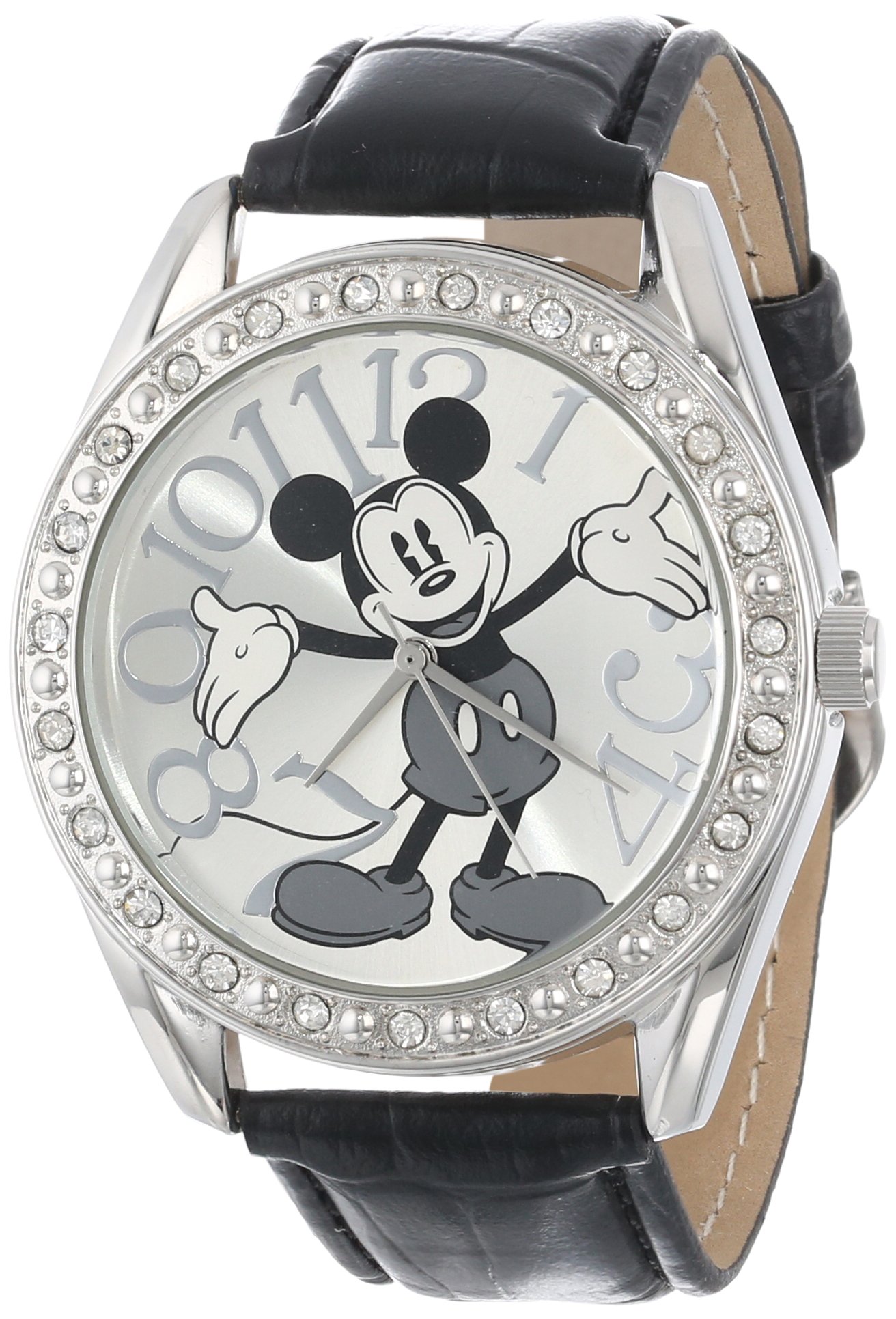 Disney Mickey Mouse Watch for Adults - Rhinestone Bezel, Elegant Mickey Design, Large Silver Numbers, Black Croco Leather Strap, Analog Display - Classic & Stylish Timepiece for Disney Fans - Perfect for Disney Themed Parties, Cosplay, and Everyday Wear