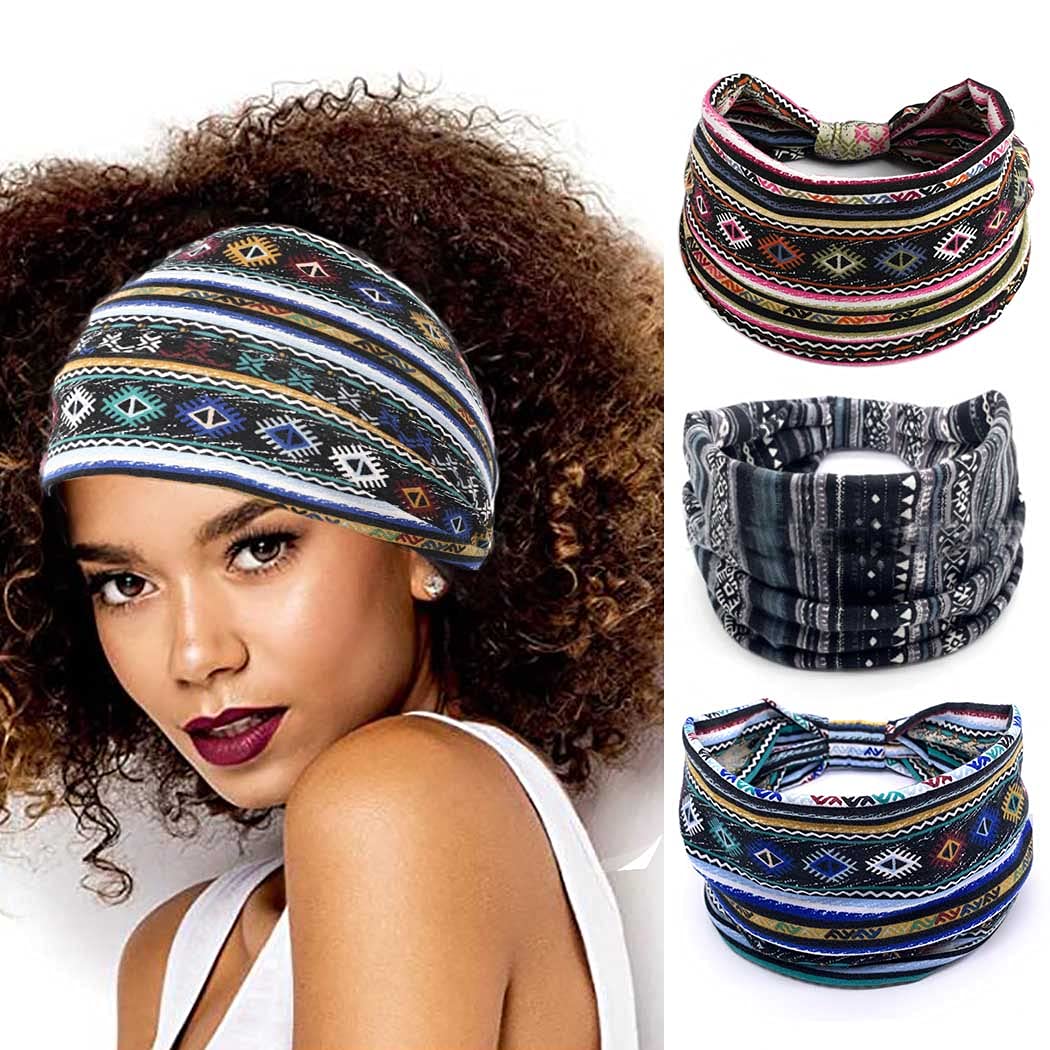 Boho Wide Headbands for Women - Stretch Knotted Turban & African Hairbands - Soft Elastic Motorcycle Hair Accessories (Pack of 3) - Perfect for Yoga, Workouts, and Everyday Fashion