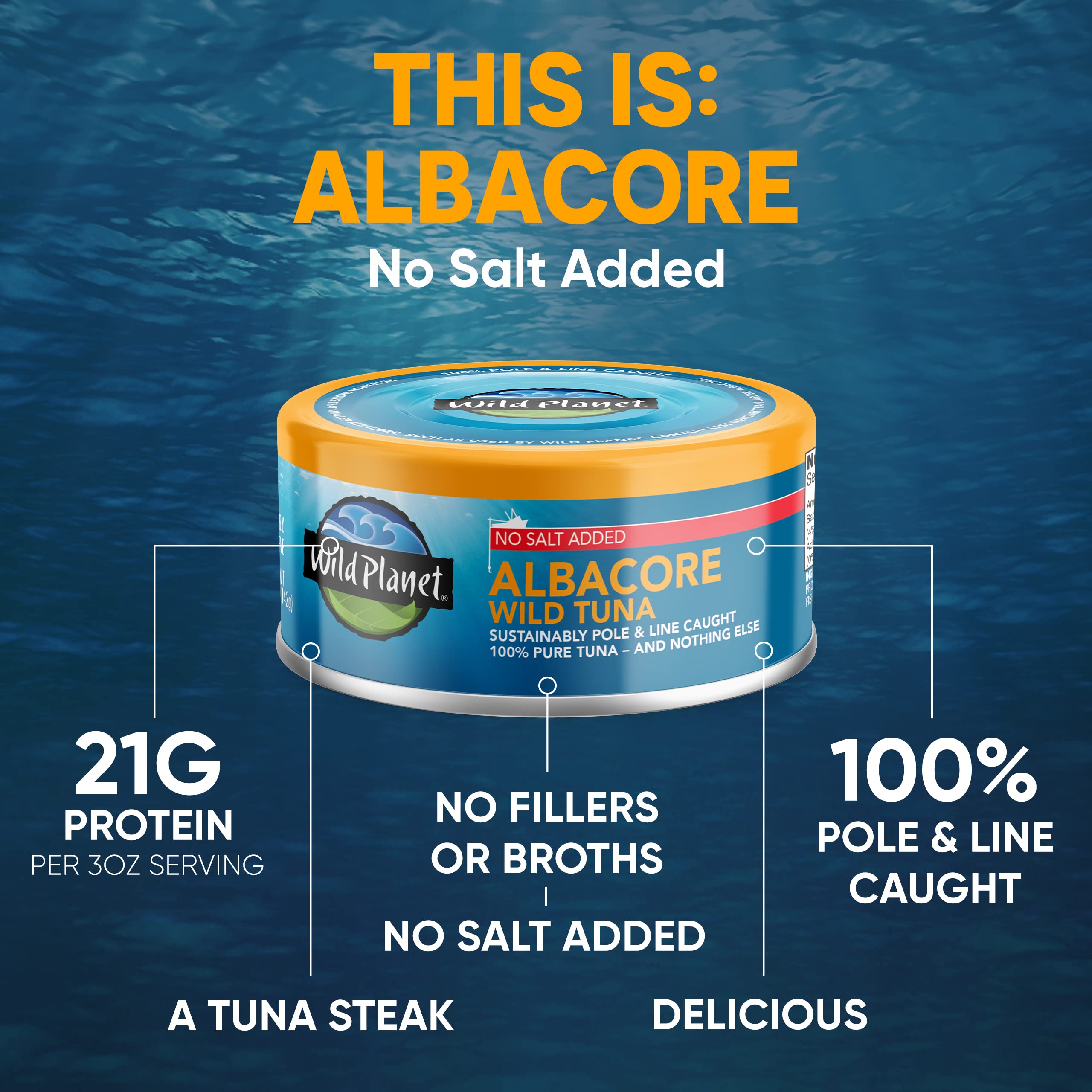 Wild Planet Wild Albacore Tuna - No Salt Added, Sustainably Caught, Non-GMO, Kosher Certified (5 oz Can) - Perfect for Salads, Sandwiches & Healthy Meal Prep