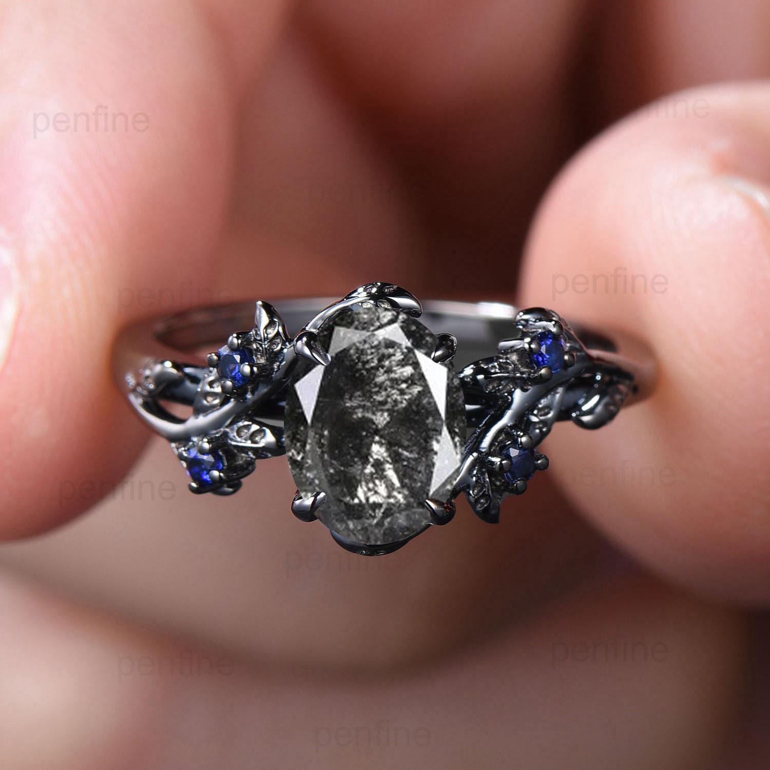 Unique 14K Black Gold Twig Engagement Ring with Salt & Pepper Diamond & Sapphire Cluster - Nature Inspired Wedding Ring for Women - Perfect for Boho, Vintage & Alternative Brides