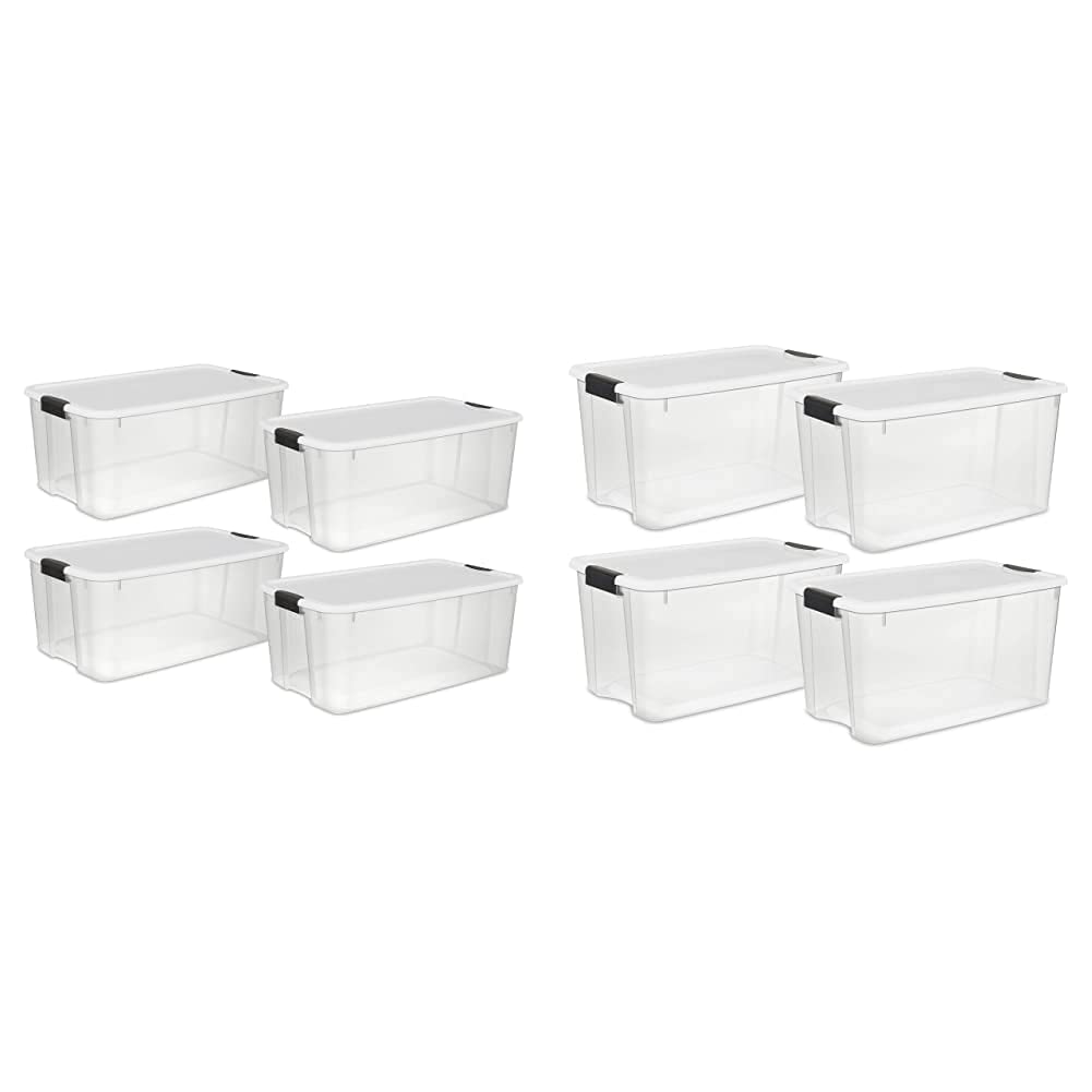 Sterilite 19909804 116 Quart/110 Liter & 19889804 70 Quart/66 Liter Ultra Latch Storage Box Set - Clear with White Lids & Black Latches (4-Pack) - Perfect for Home Organization, Garage Storage, and Moving Supplies