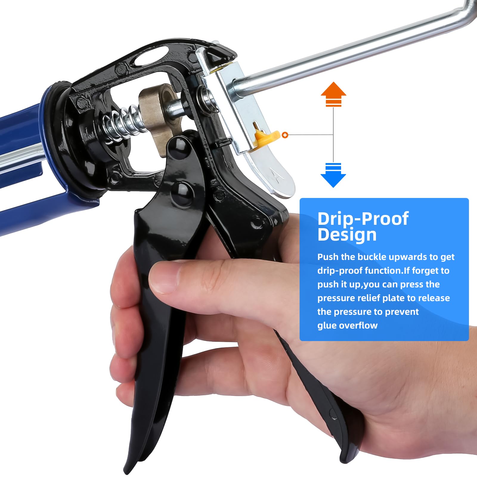10:1 High Thrust Ratio Drip-Free Caulking Gun - Professional Sealant Gun for Silicone, Adhesive & Caulk Cartridges (10 oz, Blue) - Perfect for Home Repairs, Bathroom Sealing & DIY Projects