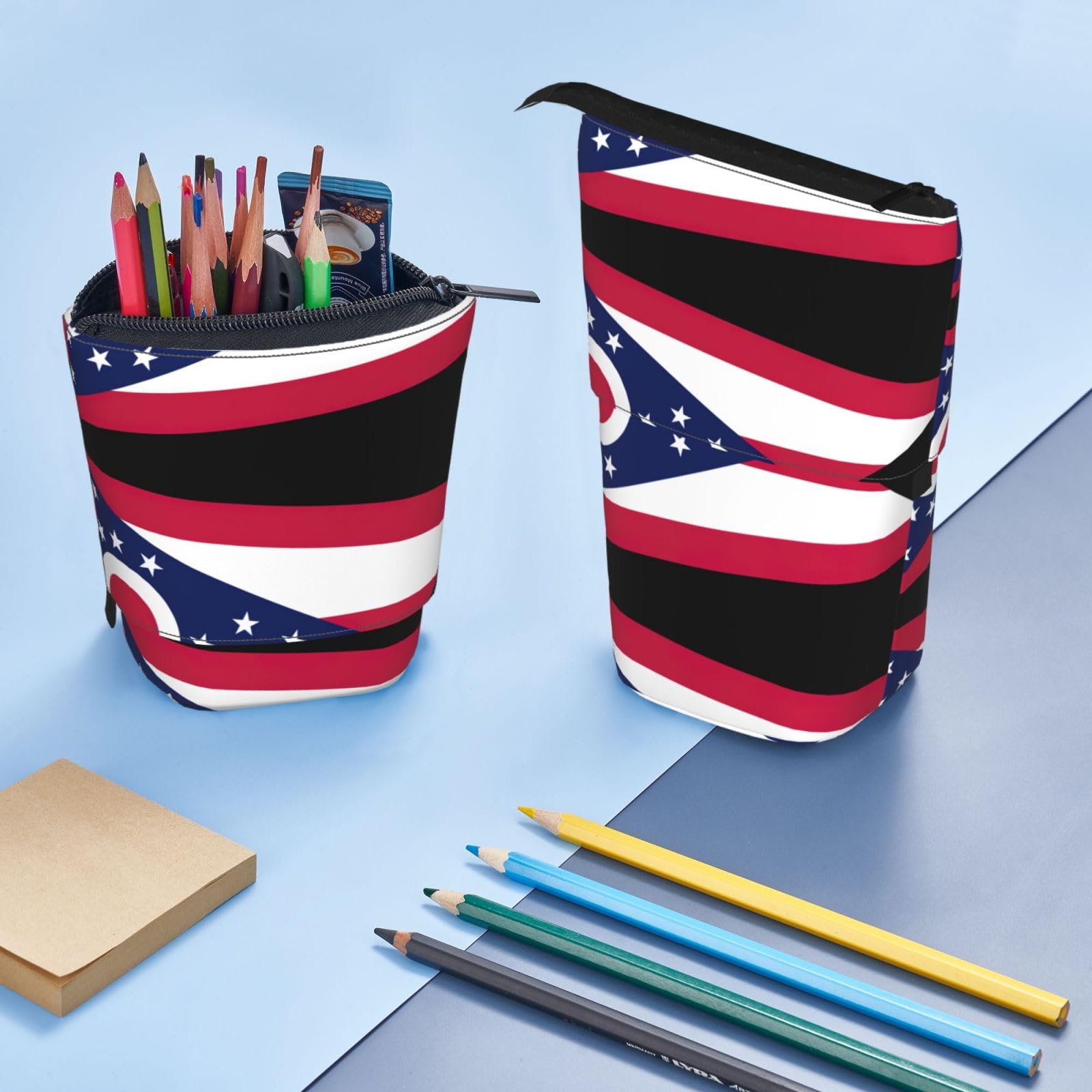 Ohio State Flag Print Zippered Pencil Case - Expandable Stationery Organizer for School, Office & Travel - Makeup Bag, Pen Holder, Pouch with Telescopic Design