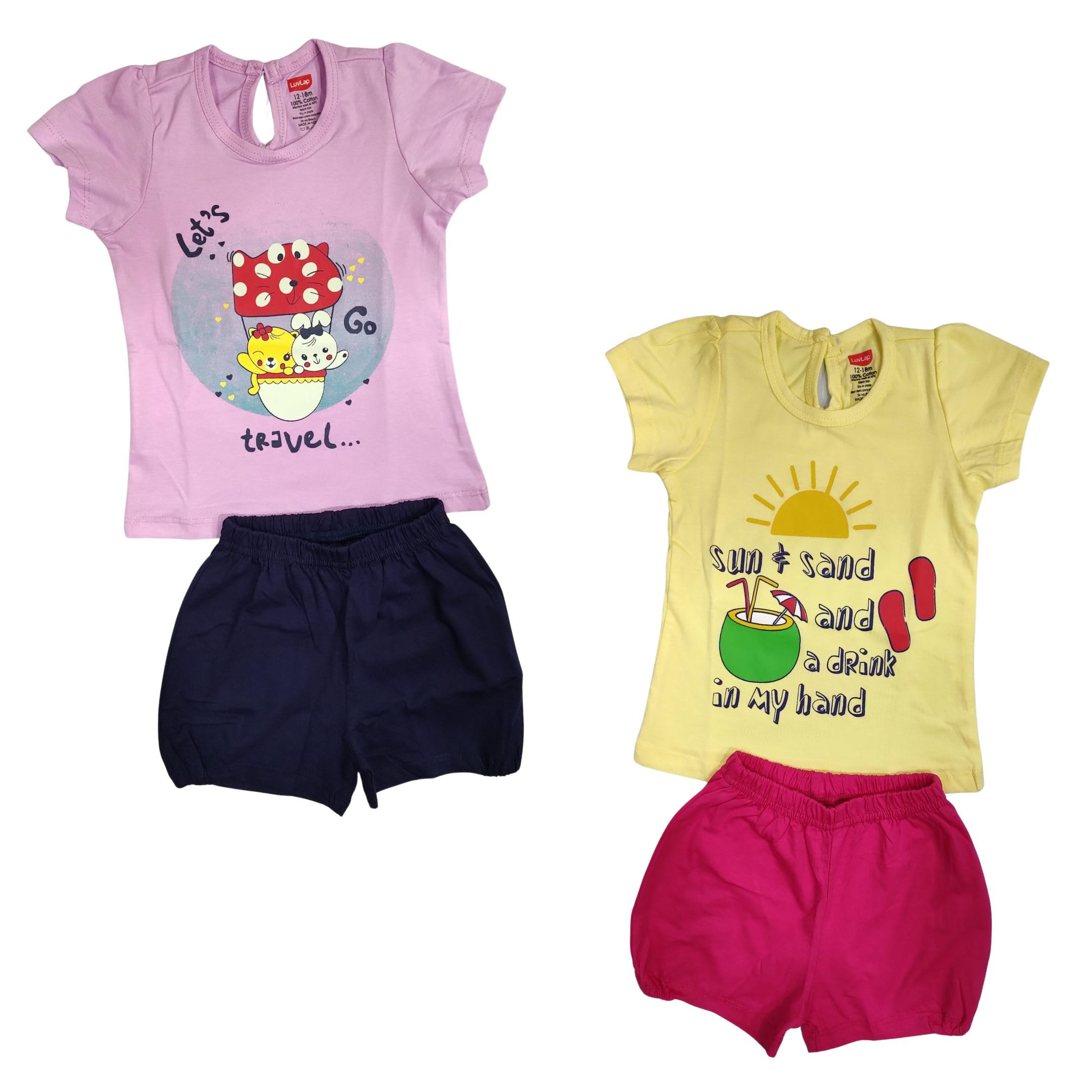 LuvLap Baby Girls 100% Cotton Half Sleeve Tops - 2 Pack Set | Soft & Comfortable Regular Fit Toddler Shirts for Playtime, Daycare & Casual Outings