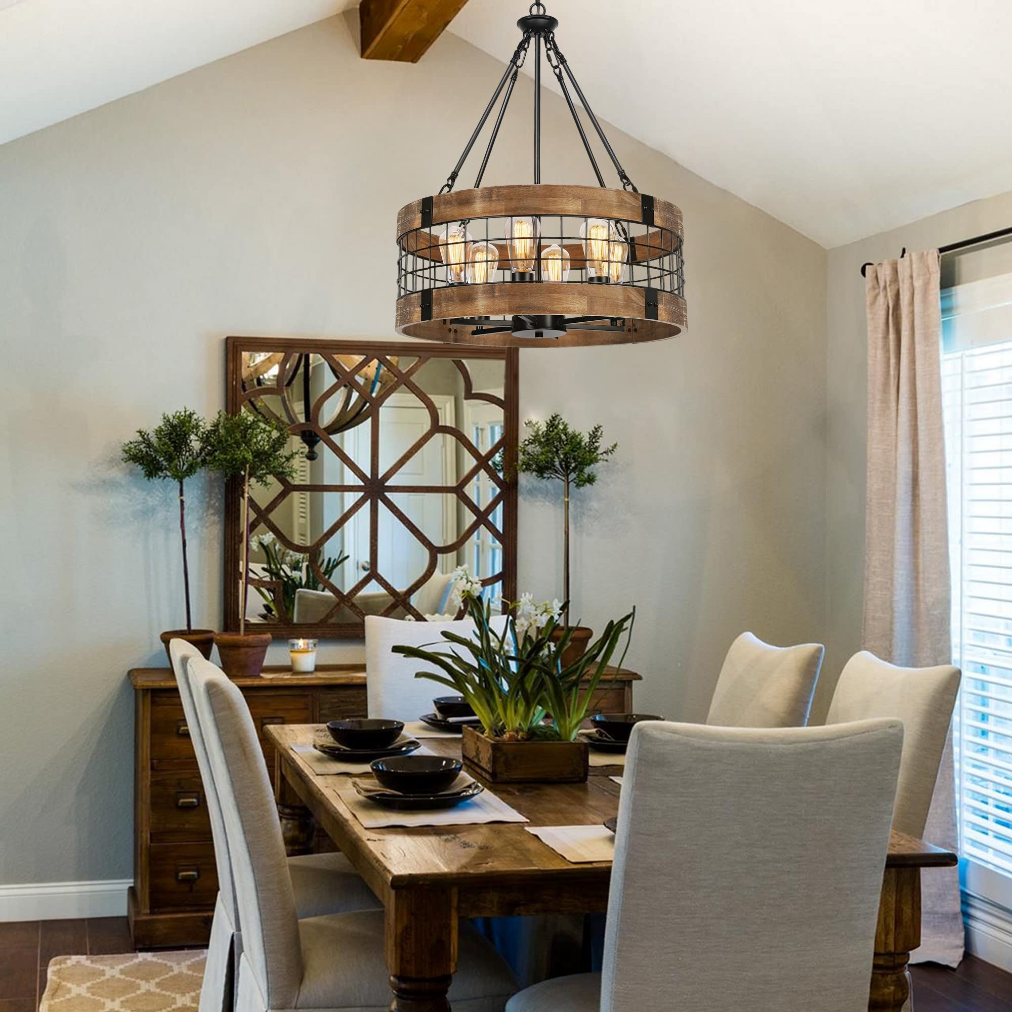 6-Light Farmhouse Wood Chandelier - Rustic Dining Room Pendant Light with Industrial Black Metal Finish | Perfect for Kitchen Island, Entryway, Foyer & Living Room Lighting Decor