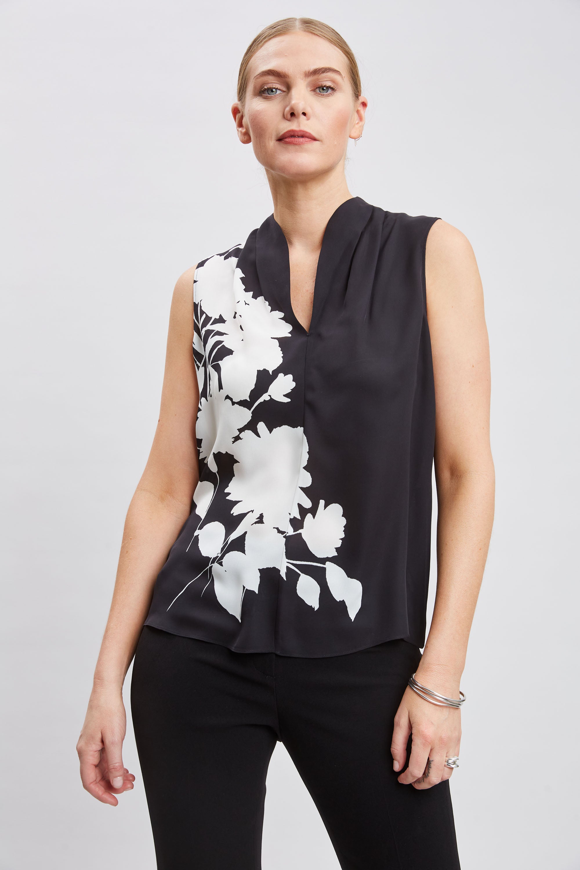 Elegant Midnight Garden Sleeveless Silk Blouse for Women - Perfect for Evening Parties, Date Nights & Special Occasions