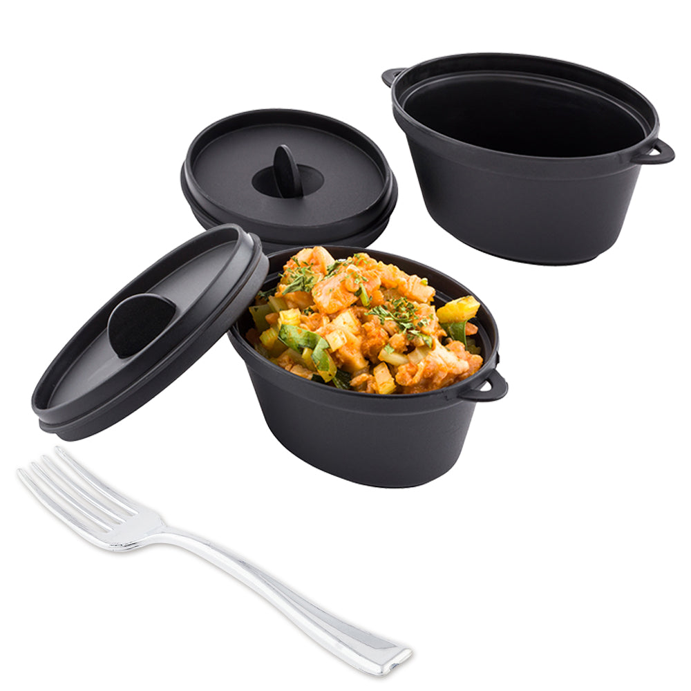 100-Pack 3 oz Black Plastic Oval Mini Kettle Dishes with 100 Silver Plastic Mini Forks - Perfect for Party Appetizers, Wedding Receptions & Catering Events