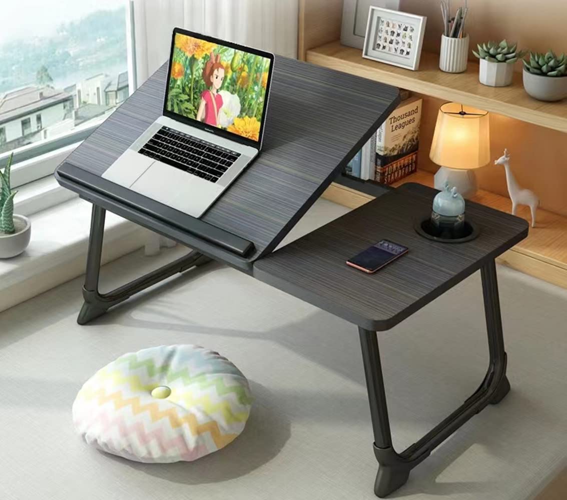 Portable Adjustable Laptop Desk for Bed & Couch - Foldable Lap Stand with Cup Holder, Lightweight Bed Tray Table for Writing, Working & Watching Movies (Black) | Perfect for Home Office, Dorm Room & Travel Use