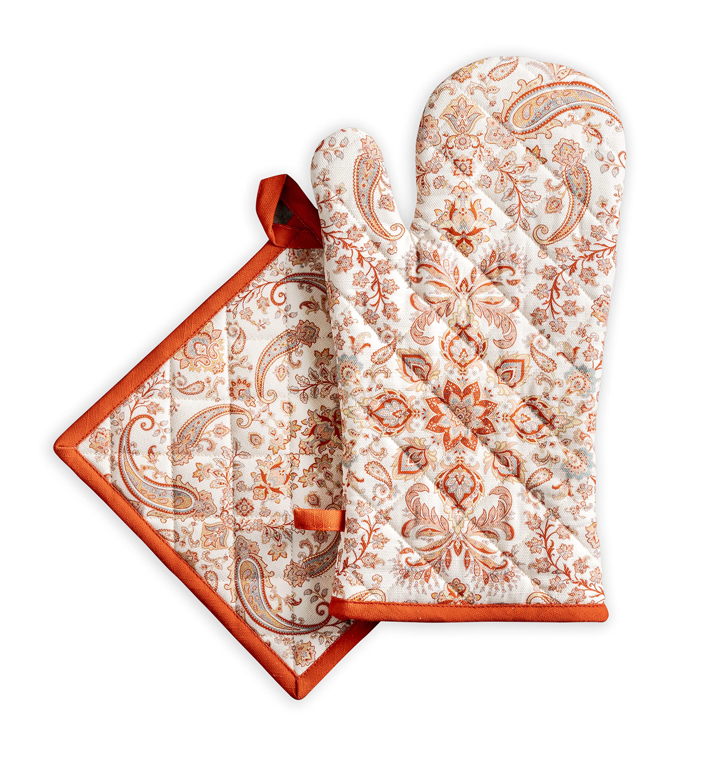 Hermine Cotton Oven Mitt & Pot Holder Set - Thick Heat-Resistant Kitchen Gloves (7.5x13 & 8x8 Inches) for Baking, BBQ, Cooking - Soft Durable Cachemire Material - Perfect for Thanksgiving, Christmas & Holiday Cooking Gifts