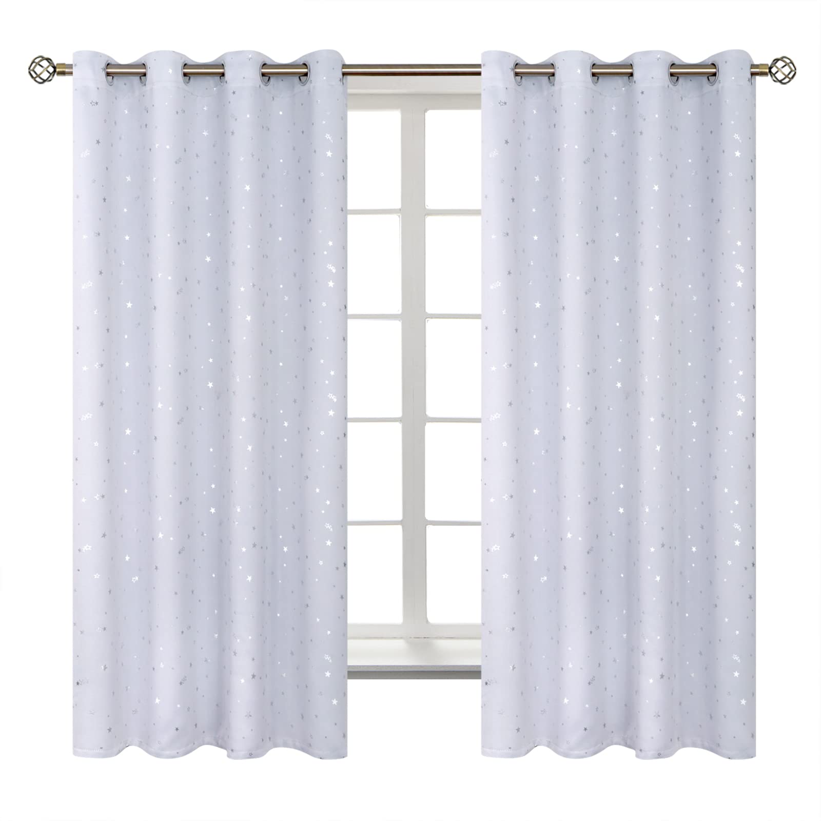 BGment Kids Room Blackout Curtains - Thermal Insulated Silver Star Print Grommet Curtains for Bedroom & Living Room, Set of 2 Panels (52x63 Inches), Greyish White - Perfect for Nursery, Children's Bedroom & Home Theater Light Blocking