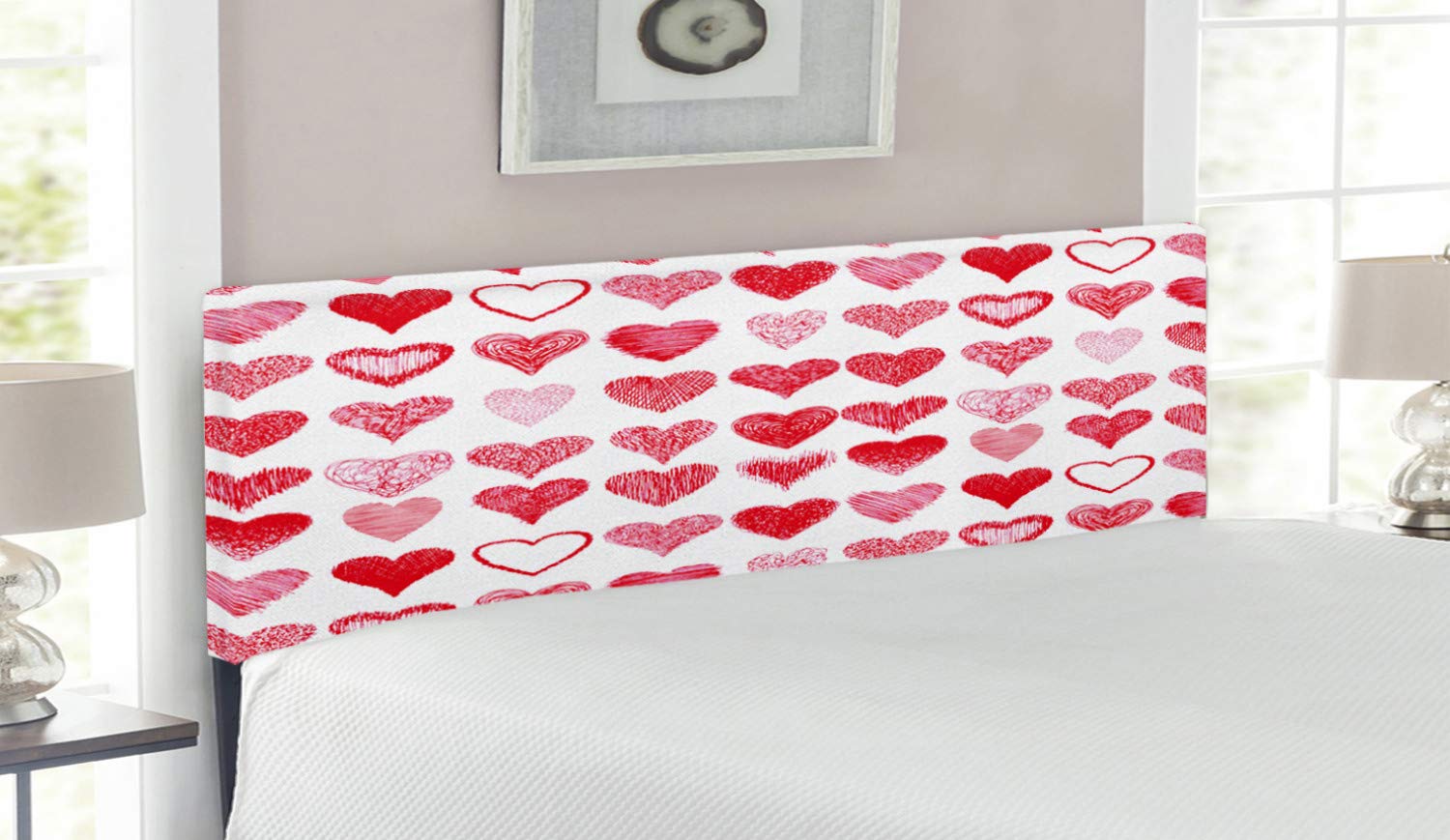 Ambesonne Valentine's Day Headboard - Romantic Heart Love Hand-Drawn Art Upholstered Metal Bed Frame with Memory Foam | Queen Size Vermilion Pink White | Perfect for Master Bedroom Decor & Couples Gift