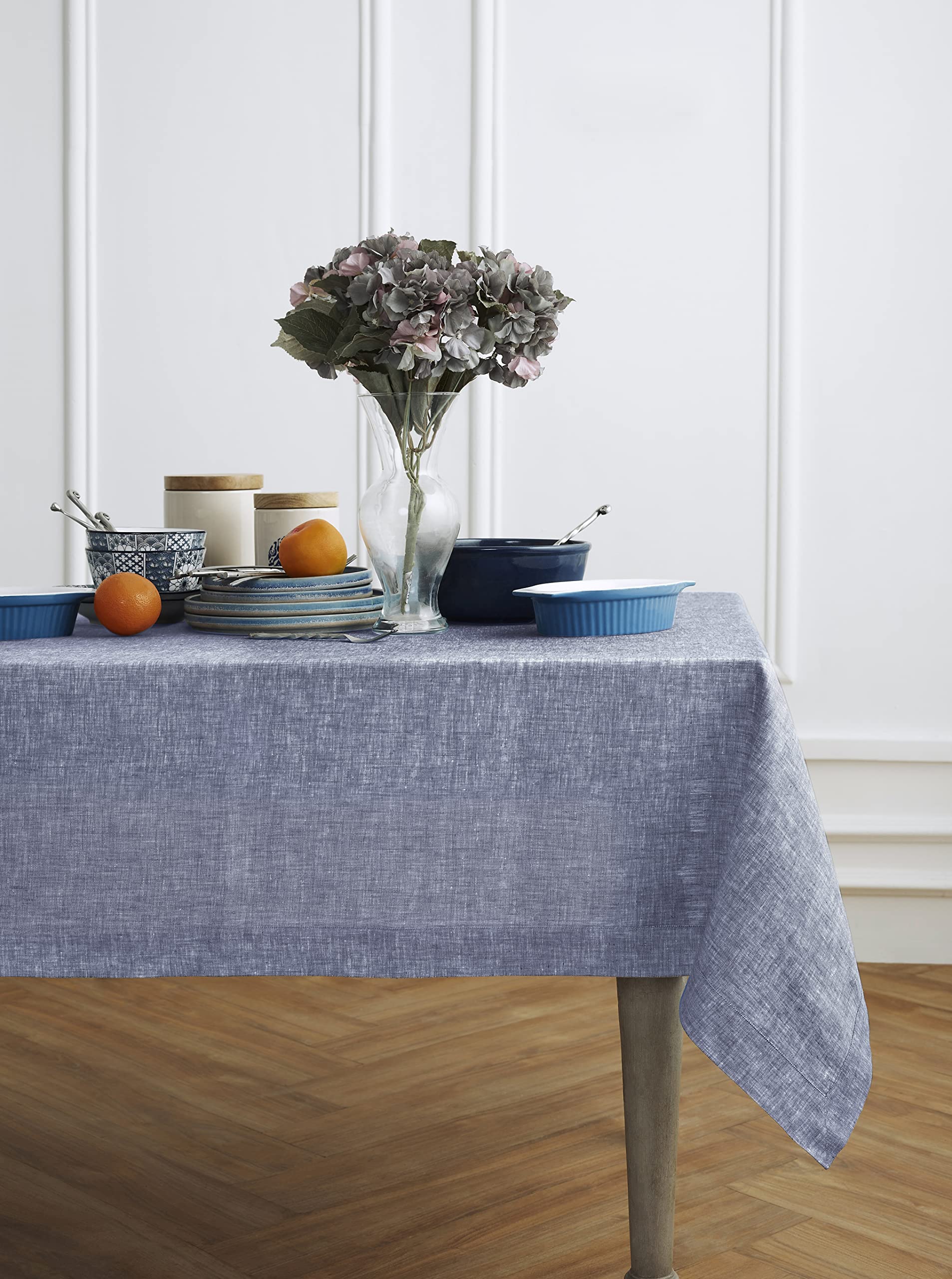 Solino Home 100% Pure Linen Tablecloth 60x90 Inch - Chambray Indigo European Flax Fabric for Dining Room, Kitchen, Patio - Machine Washable & Wrinkle Resistant for Indoor/Outdoor Use