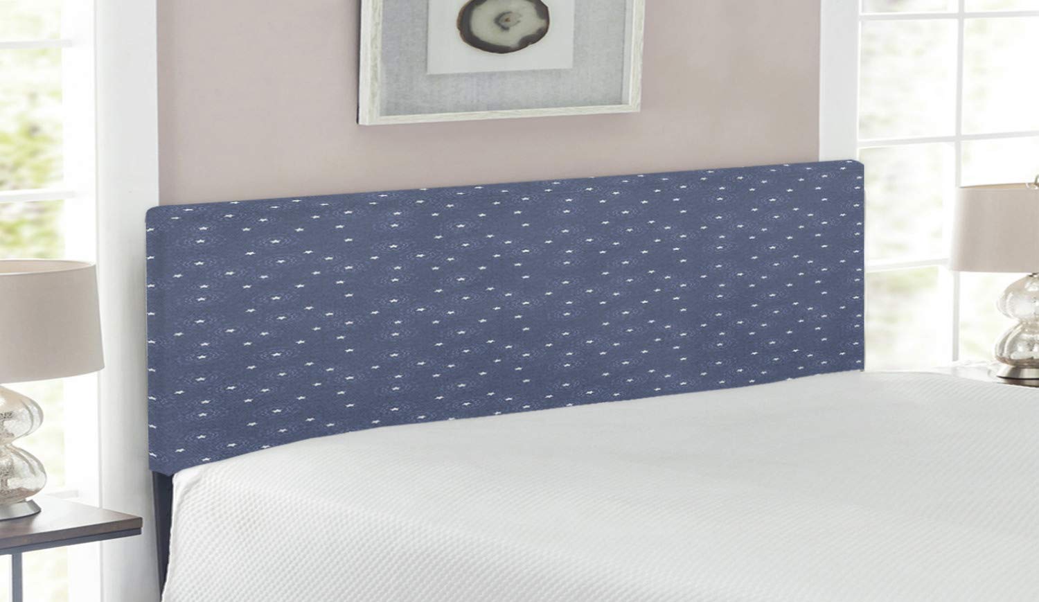 Ambesonne Purpleblue Upholstered Headboard with Memory Foam - Queen Size Bed Headboard with Summer Night Sky Design, White Stars & Circles - Decorative Metal Bed Frame for Bedroom, Guest Room & Dorm