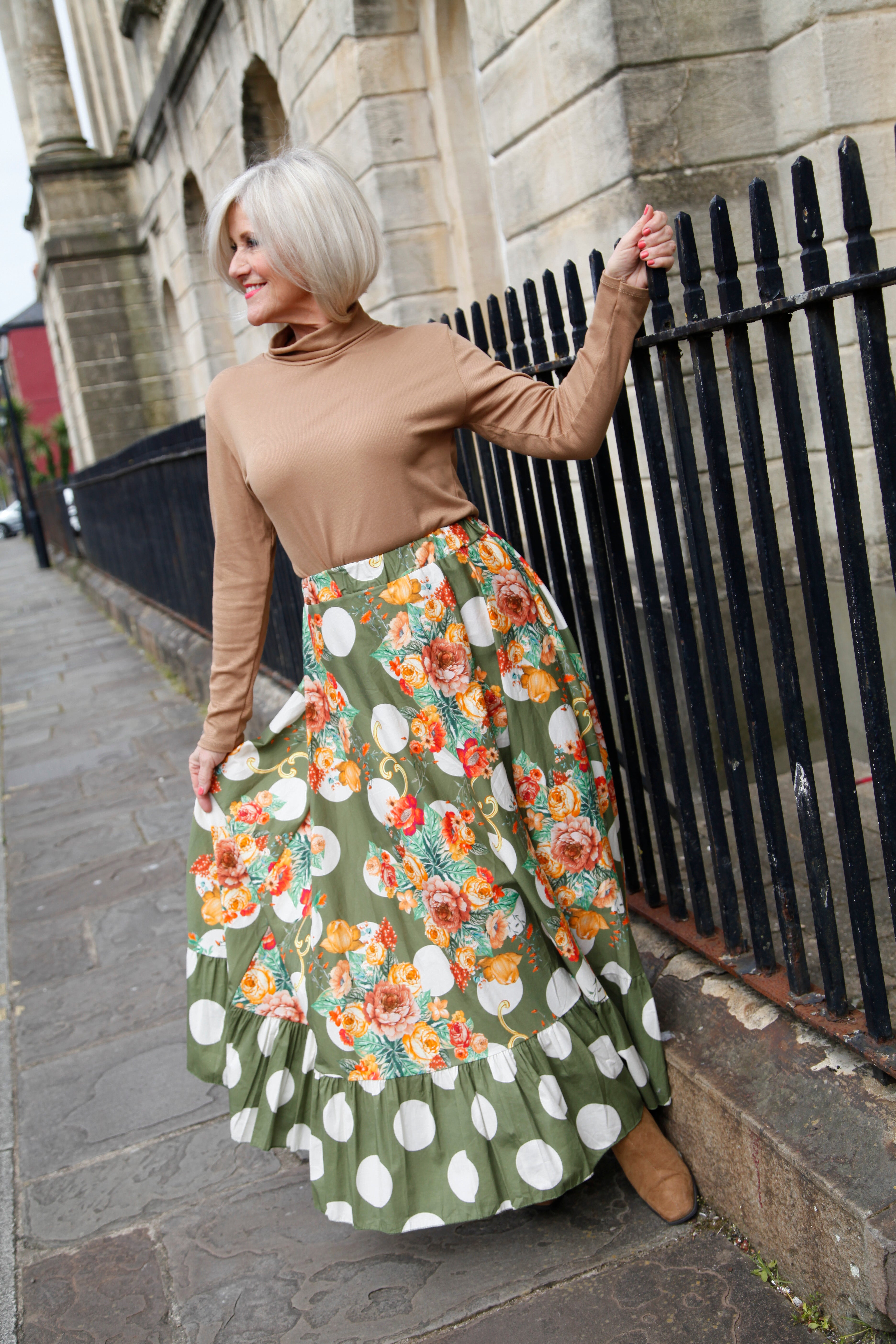 Polka Dot Floral Maxi Skirt for Women - Khaki Bohemian Long Skirt with Elastic Waist - Perfect for Beach, Vacation & Summer Outfits