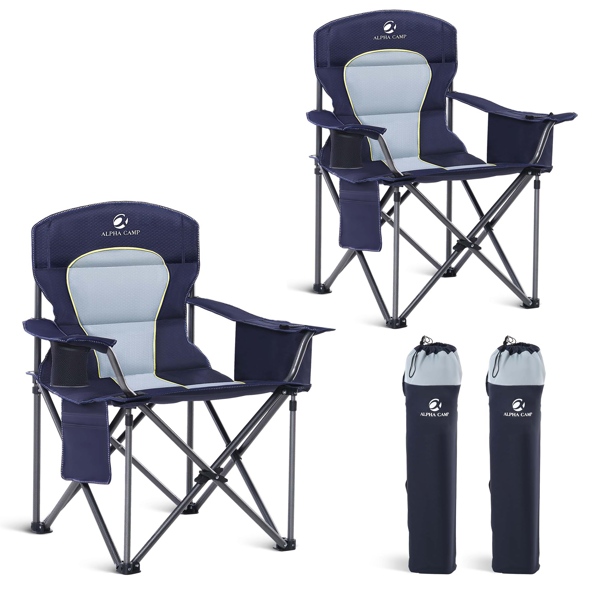 GREEN PARTY Heavy Duty Folding Camping Chair with Cooler Bag - Oversized Padded Outdoor Armchair with Cup Holder & Storage Pocket - Portable Collapsible Lawn Chair for Backyard, Beach, Picnic & Tailgating
