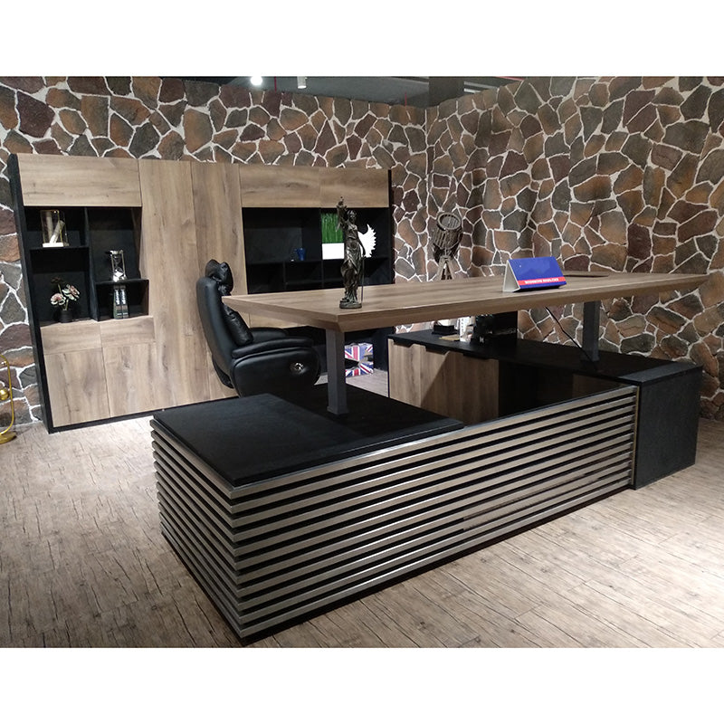 PHOENIX 2.0 Electric Height Adjustable Standing Desk with Left Return - 2.8m Warm Oak & Black Finish | Perfect for Home Office & Workspace Ergonomics