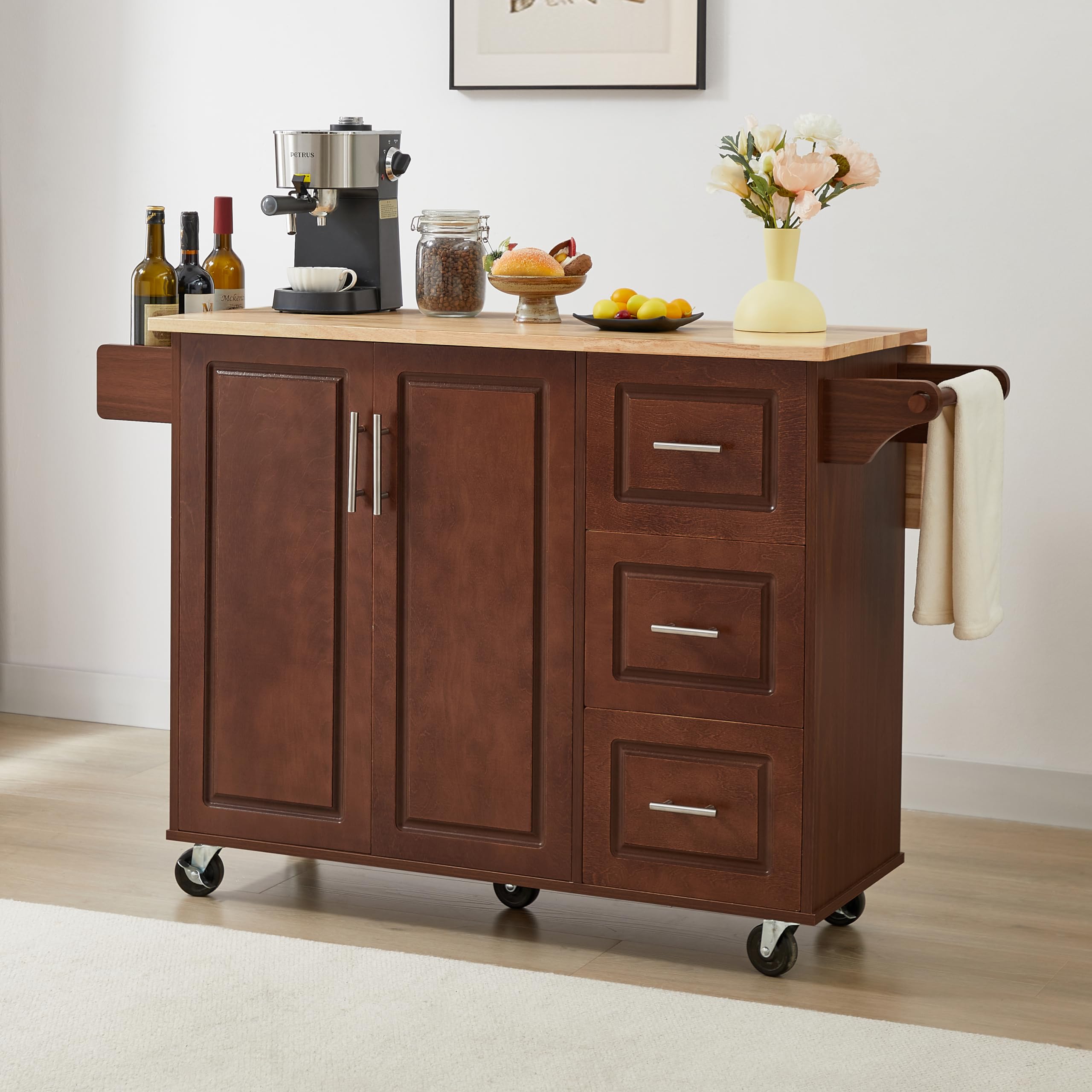 **Rolling Kitchen Island with Storage - Drop Leaf Countertop, Spice Rack, Wheels & Drawers - Mobile Kitchen Cart for Small Spaces, Apartments & Home Cooking (Brown)**    *(Ideal for meal prep, extra counter space, and organizing spices & utensils in compact kitchens.)*
