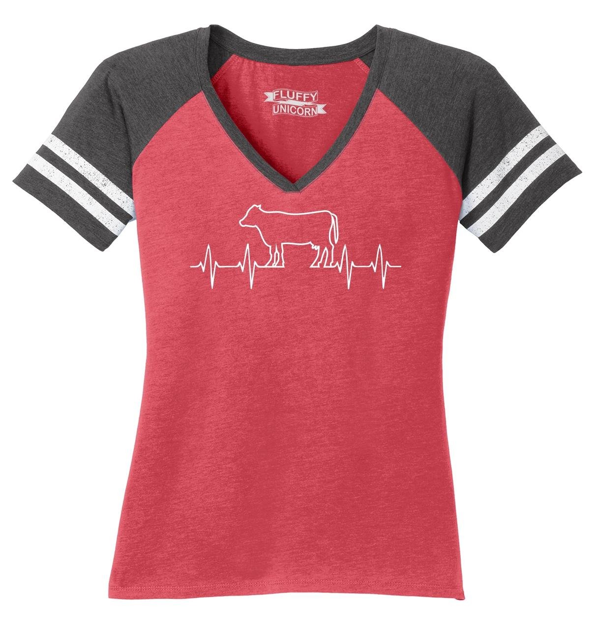 Funny Cow Heartbeat Graphic V-Neck T-Shirt for Women - Rancher & Cattle Show Humor Tee - Perfect for Farm Life, Rodeo Events & Country Outfits